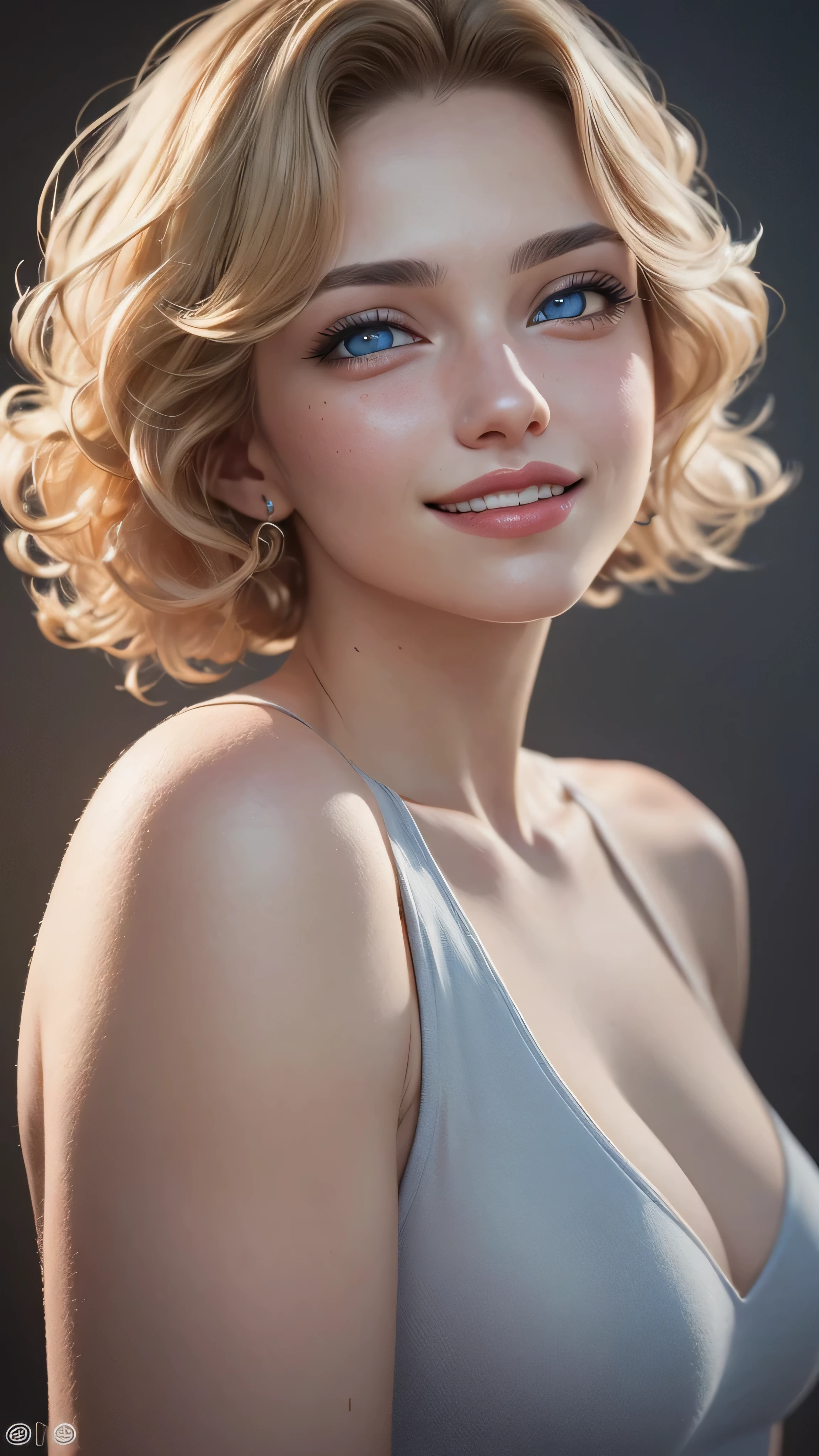 ((best quality: 1.5)) ((masterpiece: 0.8)), intricate details, sharp focus, professional, real life, realistic representation of the face, dim volumetric lighting, dynamic pose, in the style of realistic and hyper detailed renderings BREAK (detailed 30 year old woman, (((portrait, (sallow cheeks, chin up, visible skin detail), natural lips)) ice blue eyes, short blonde curly hair, ((shy, grinning)))), photorealistic, hyper-realistic, 8K