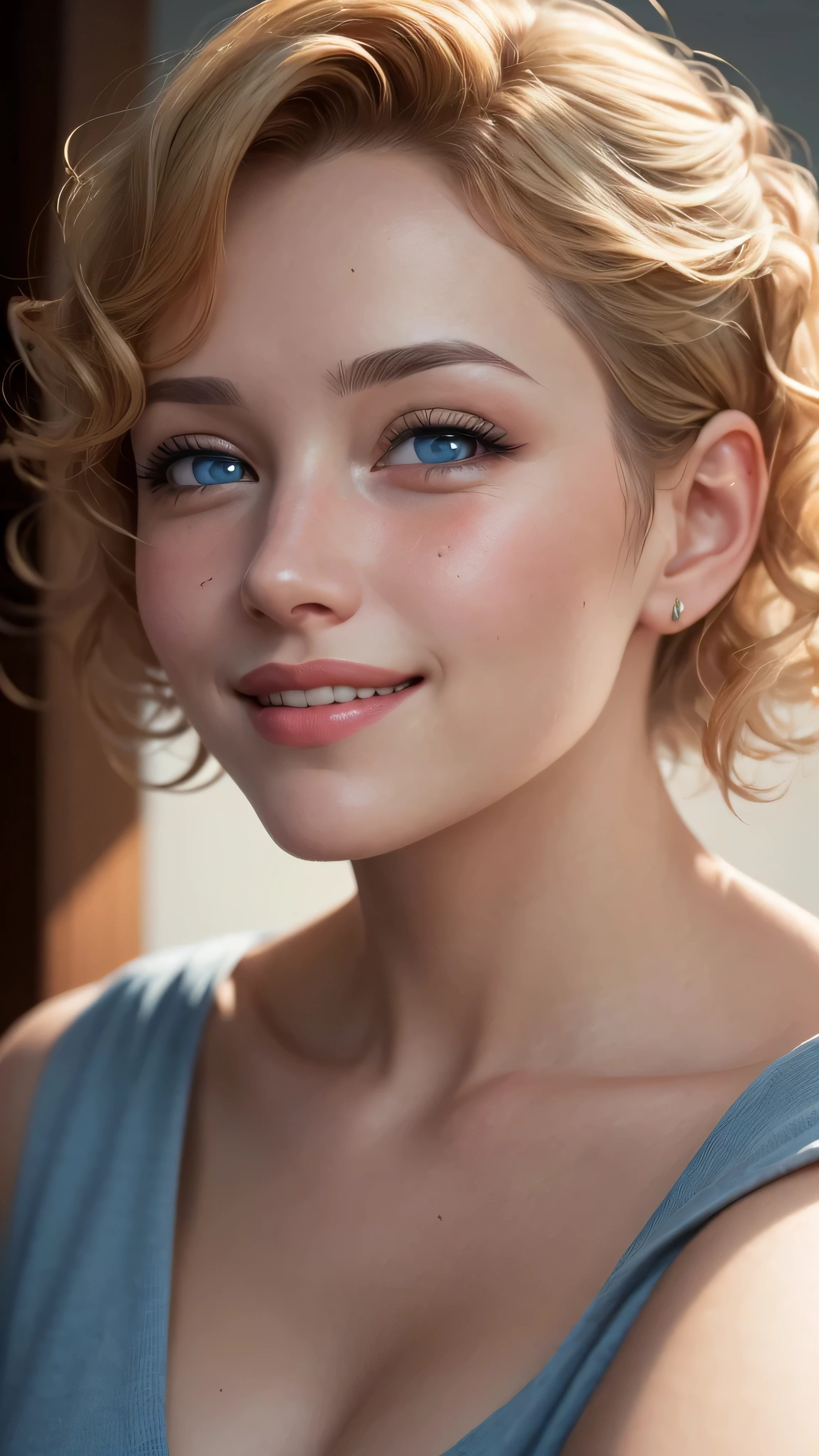 ((best quality: 1.5)) ((masterpiece: 0.8)), intricate details, sharp focus, professional, real life, realistic representation of the face, dim volumetric lighting, dynamic pose, in the style of realistic and hyper detailed renderings BREAK (detailed 30 year old woman, (((portrait, (sallow cheeks, chin up, visible skin detail), natural lips)) ice blue eyes, short blonde curly hair, ((shy, grinning)))), photorealistic, hyper-realistic, 8K