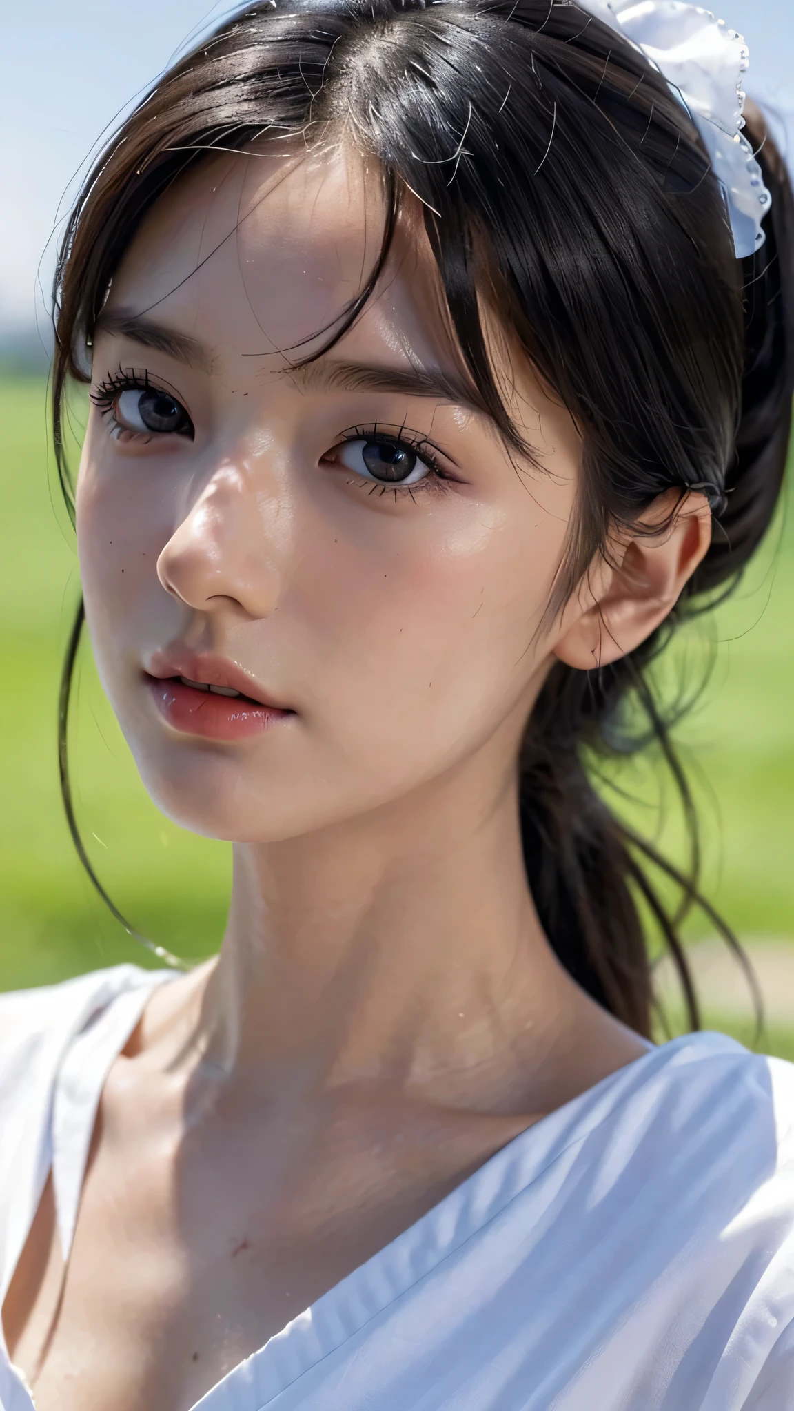 One woman,fully body photo,masutepiece, The highest image quality, High quality, the background is clear,Beautiful woman, Japanese, Detailed, Detailed eyes, Detailed skin, Beautiful skin, 超hight resolution, (reality: 1.4),Very beautiful woman, Slightly younger face, Beautiful skin, slender, (Ultra photo realsisim), (hight resolution), (8K), (Very detailed) (beautifully detailed eyes), (super detailed), (Detailed face), view the viewer, Fine details, Detailed face, Staring straight ahead, Staring straight ahead, photos realistic, Bright lighting, Professional Lighting, Black hair,poneyTail,a ,sixteen yTail,wear a ribbon,ロングのponeyTailの髪型,winking,Clear sky, on grass.