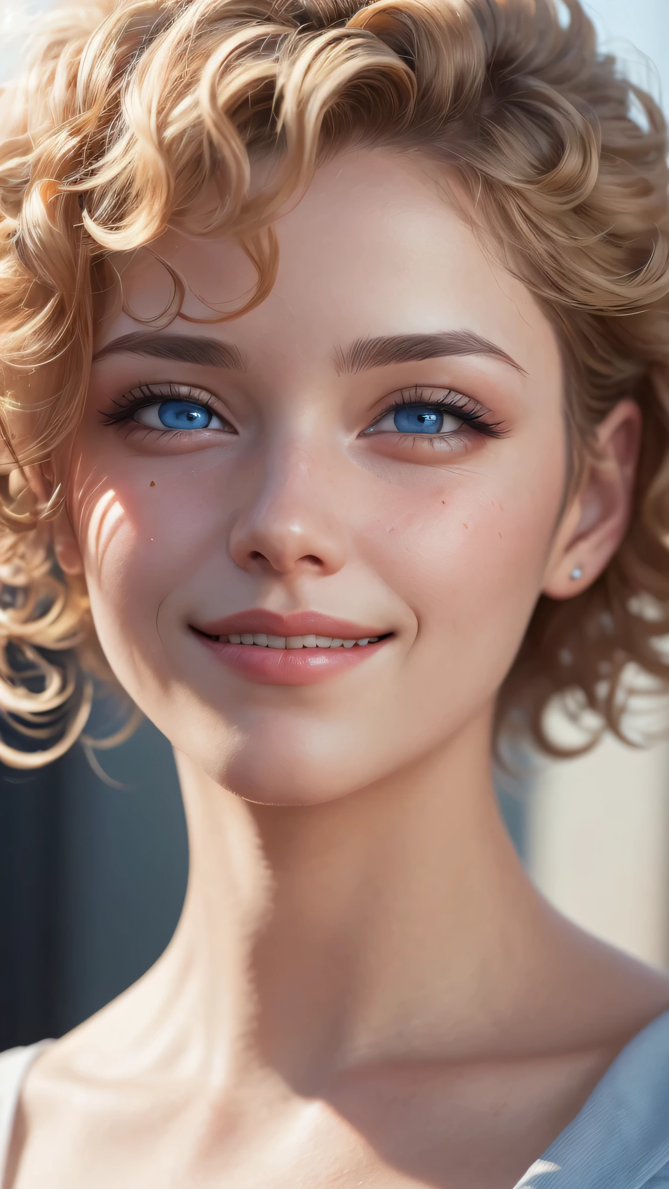 ((best quality: 1.5)) ((masterpiece: 0.8)), intricate details, sharp focus, professional, real life, realistic representation of the face, dim volumetric lighting, dynamic pose, in the style of realistic and hyper detailed renderings BREAK (detailed 30 year old woman, (((portrait, (sallow cheeks, chin up, visible skin detail), natural lips)) ice blue eyes, short blonde curly hair, ((shy, grinning)))), photorealistic, hyper-realistic, 8K