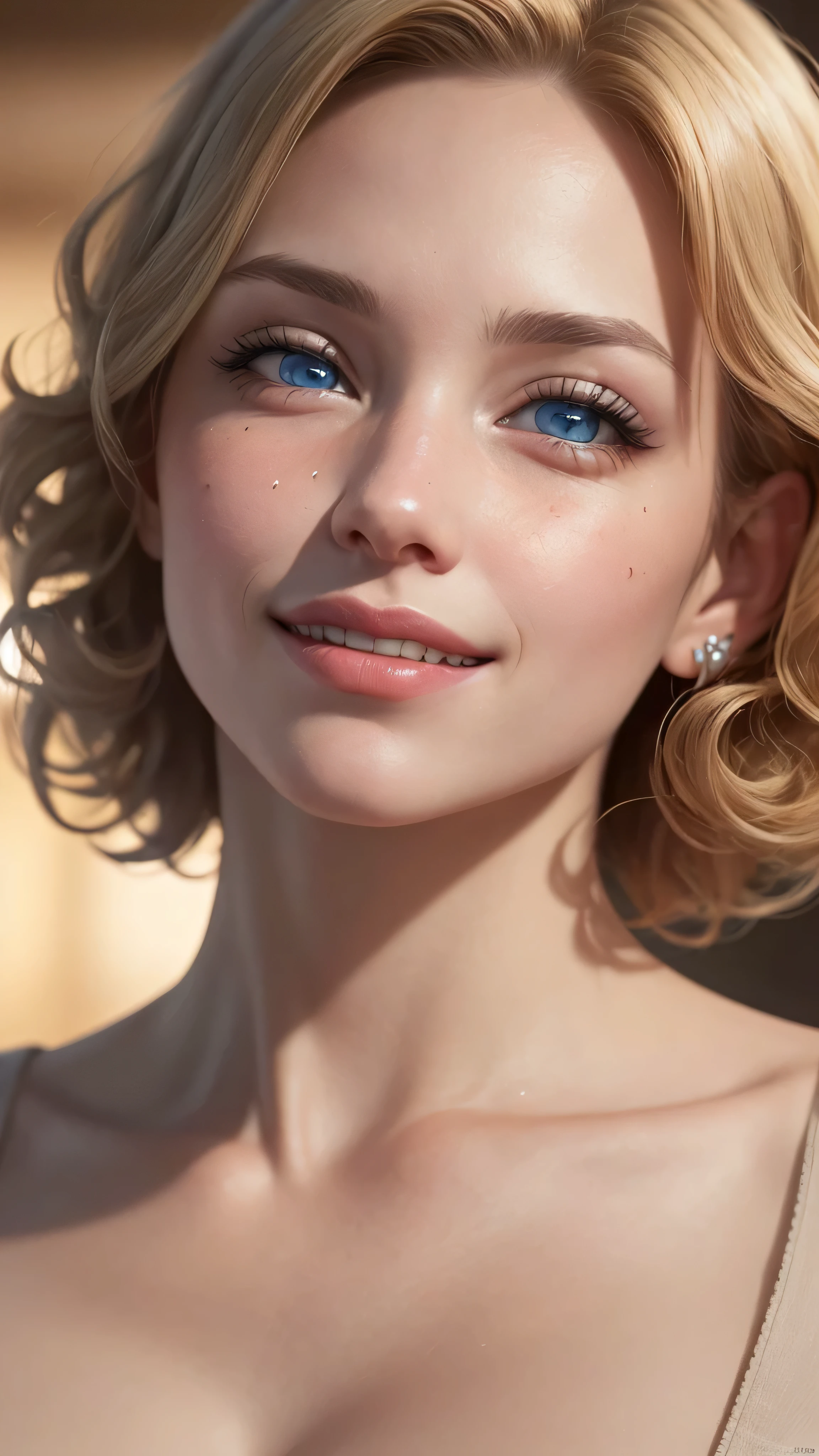 ((best quality: 1.5)) ((masterpiece: 0.8)), intricate details, sharp focus, professional, real life, realistic representation of the face, dim volumetric lighting, dynamic pose, in the style of realistic and hyper detailed renderings BREAK (detailed 30 year old woman, (((portrait, (sallow cheeks, chin up, visible skin detail), natural lips)) ice blue eyes, short blonde curly hair, ((shy, grinning)))), photorealistic, hyper-realistic, 8K