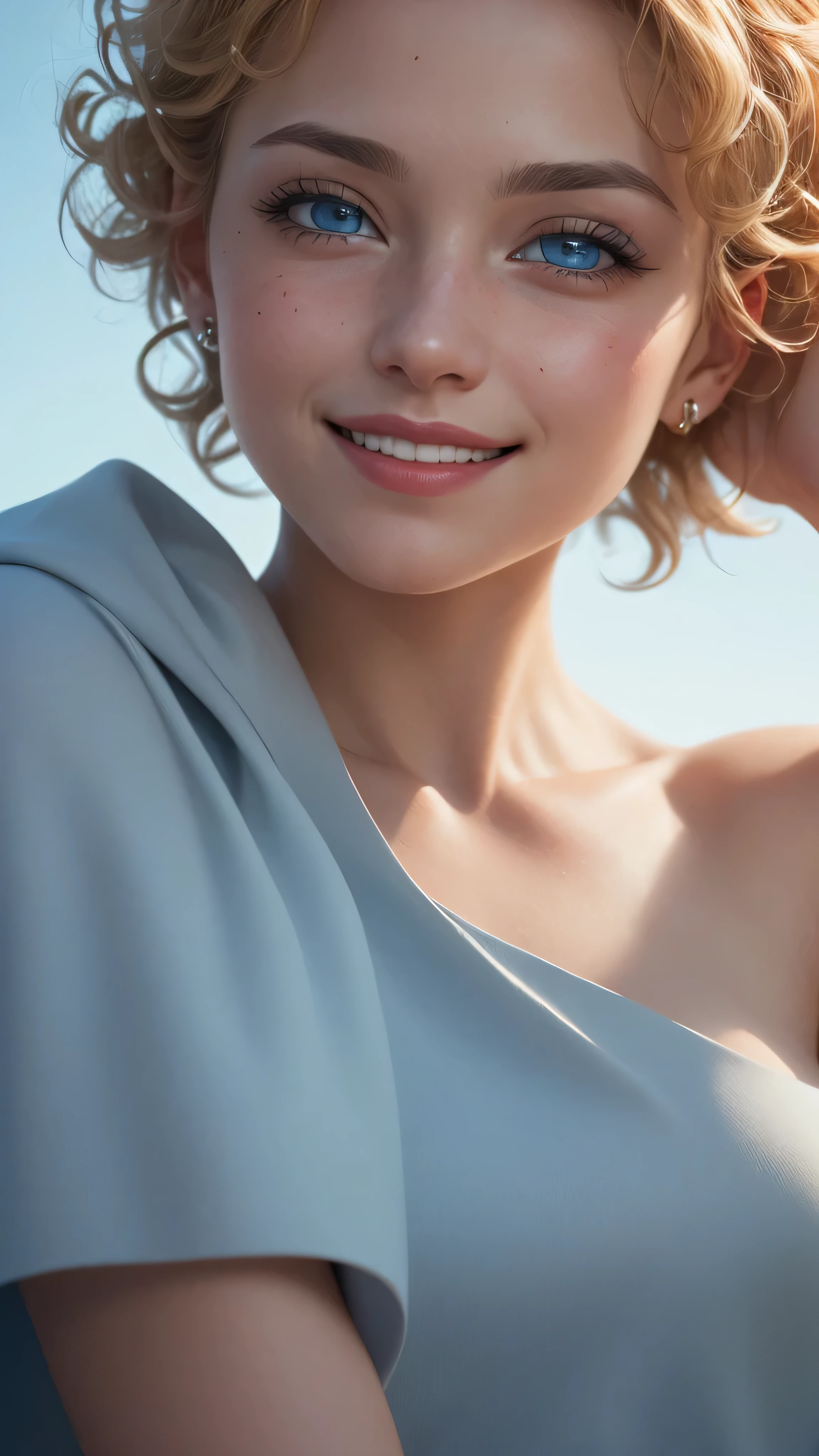 ((best quality: 1.5)) ((masterpiece: 0.8)), intricate details, sharp focus, professional, real life, realistic representation of the face, dim volumetric lighting, dynamic pose, in the style of realistic and hyper detailed renderings BREAK (detailed 30 year old woman, (((portrait, (sallow cheeks, chin up, visible skin detail), natural lips)) ice blue eyes, short blonde curly hair, ((shy, grinning)))), photorealistic, hyper-realistic, 8K