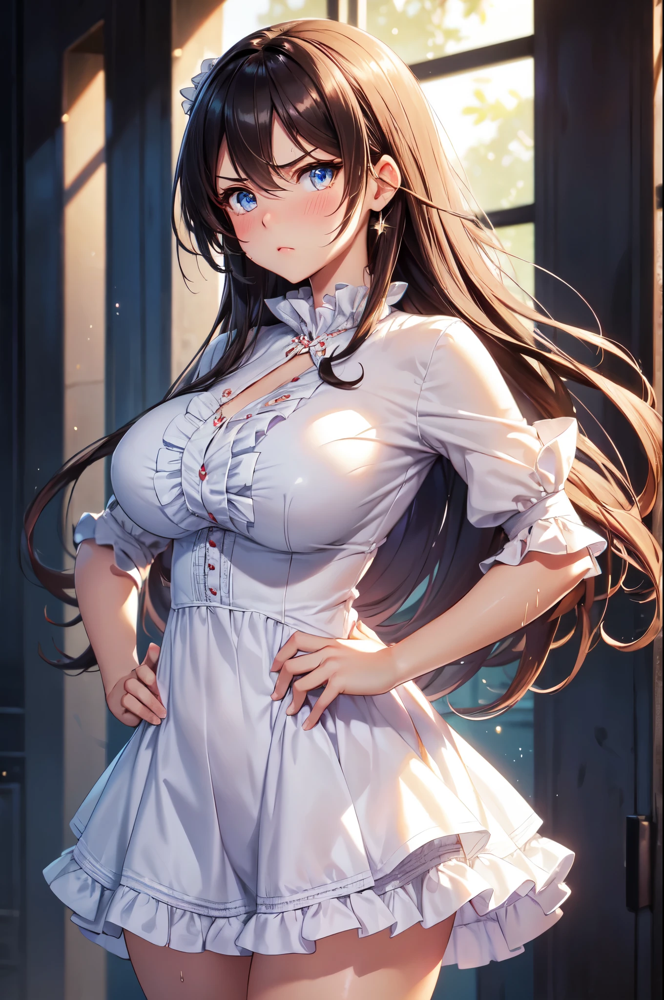 (High quality, High resolution, Fine details), modern setting, textured background, (Cute and fashionable frilly clothes), solo, curvy women, long flowing hair, sparkling eyes, (Detailed eyes:1.2), pouty, angry, furrowed brows, blush, (hands on hips), (clenched fists), Sweat, Oily skin, shallow depth of field, radiant aura, alluring charm, dramatic lighting
