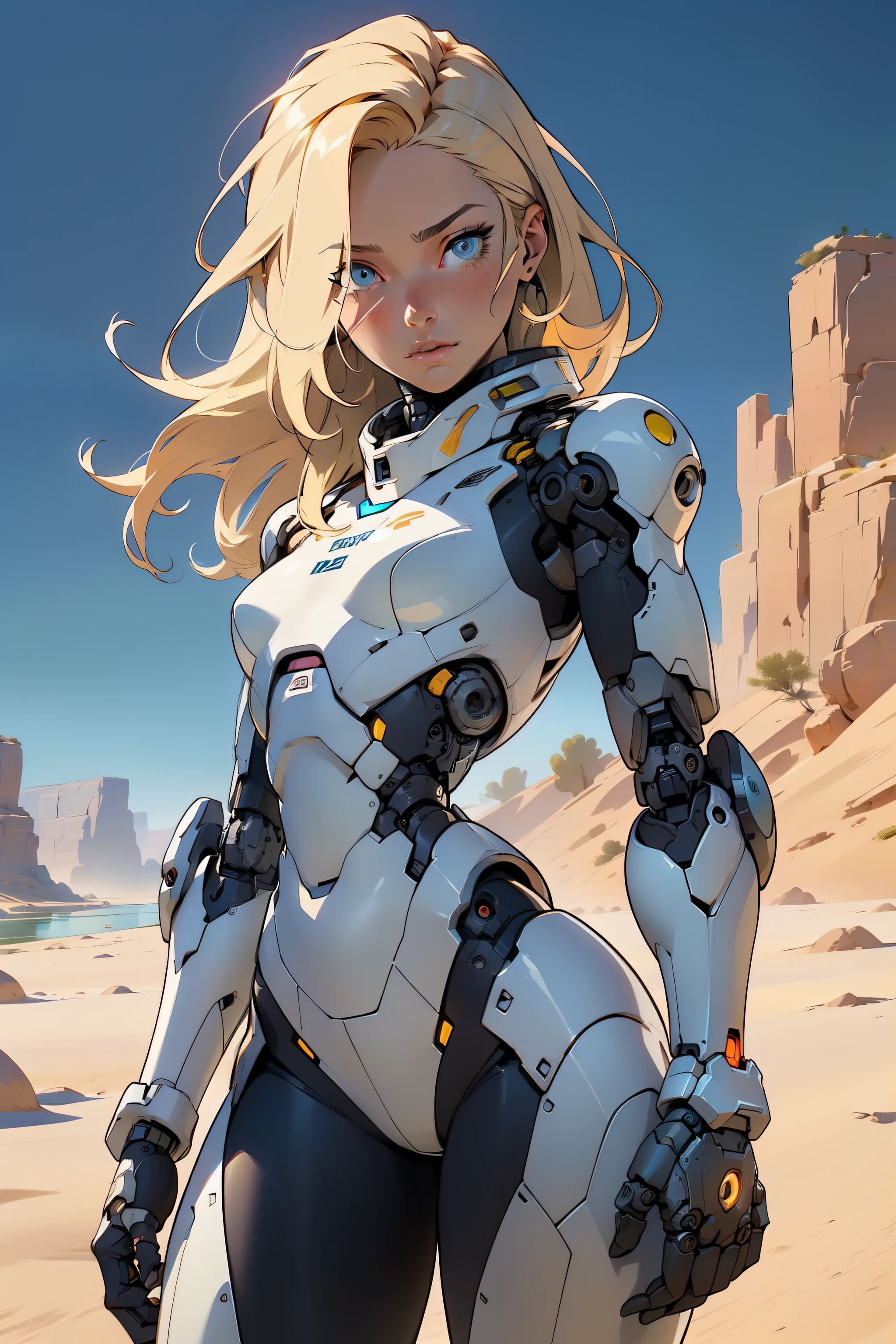 high quality, 4k, masterpiece, beautiful, cyborg girl, cowboy shot, dull eyes, looking at viewer, long blonde hair, girl, small breasts, slim thighs, robotic arms, robotic body, cyborg body, yellow accent, intricate detail, joint, detailed lines, robotic detail, holding fist up, holding hand up as fist, color robotic parts, robotic parts with color, perfect fingers, on a desert planet, sunny background, colorful desert, a river or a lake in the background