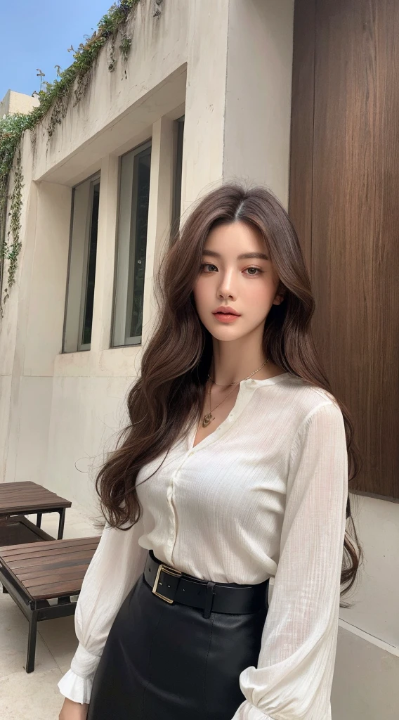 (best quality, high resolution, masterpiece :1.3), a tall and beautiful woman, slim abs, Dark brown hair styled in loose waves, breast, Wear a pendant, white button-down blouse, belt, black skirt, (Modern architectural background), Detailed rendering of facial and skin textures, delicate eyes, double eyelids