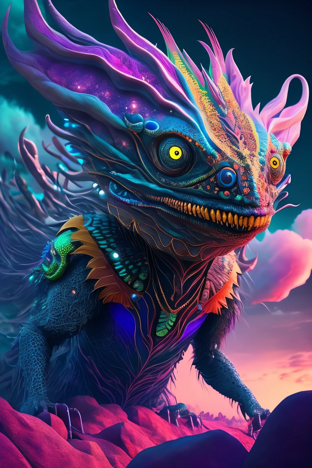 A psychedelic creature with vibrant, neon colors and intricate patterns adorns its body, staring intently at the viewer with otherworldly, glowing eyes. The background is a bustling, surreal landscape filled with swirling clouds of color and geometric shapes, giving the scene a dreamlike quality. The photo is taken in breathtaking, high definition 8k, capturing every detail of the creature's textured scales and the rich, saturated colors of its environment. The realistic rendering brings the image to life, transporting the viewer into a fantastical and immersive world.