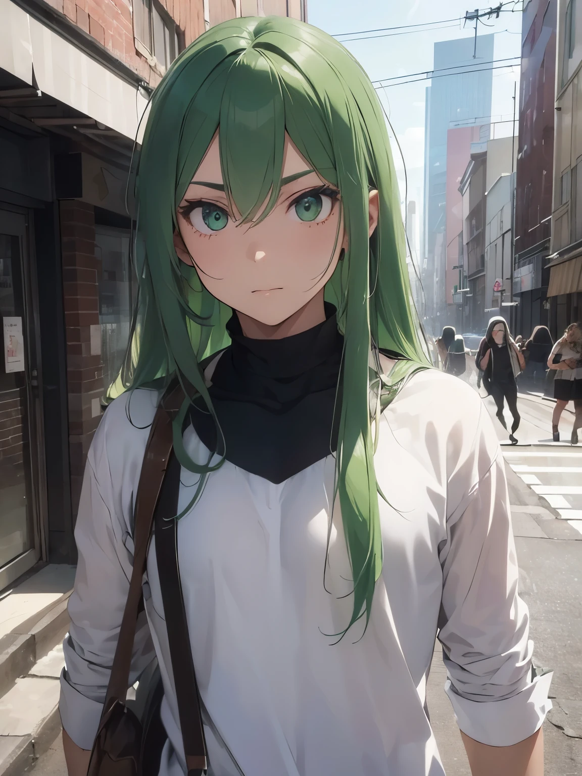(best quality,ultra-detailed,realistic:1.37), man, long flowing hair, green hair, straight hair, vibrant green hair color, striking appearance, intense gaze, strong facial features, impeccable skin texture, clean-shaven face, confident expression, fashionable clothes, modern urban setting, natural lighting, surreal atmosphere, photorealistic style, vivid colors
