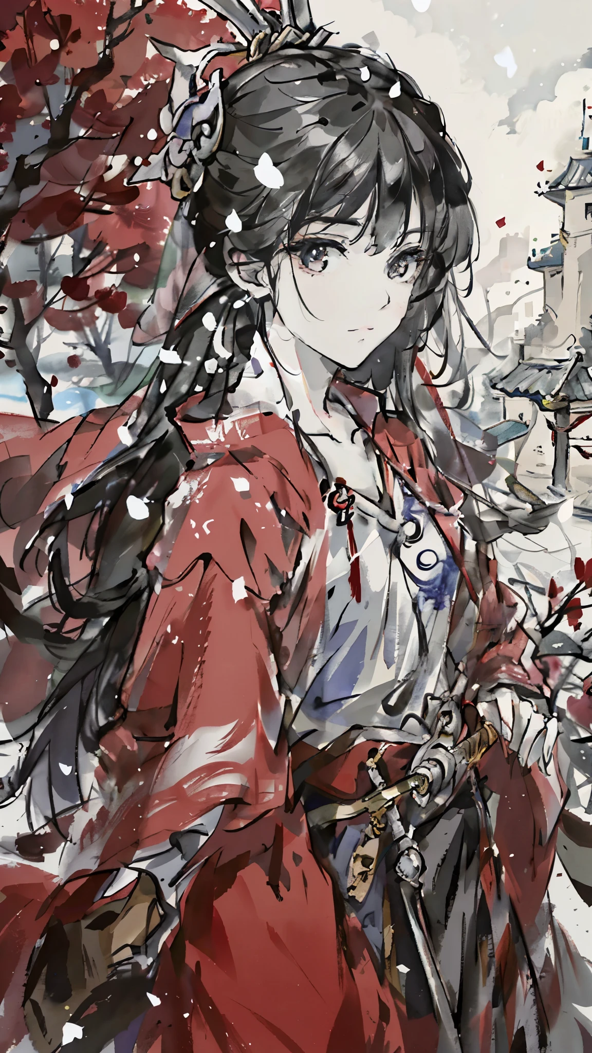 A painting of a woman wearing a veil and a sword, Beautiful character painting, Guviz, Guviz-style artwork, Guweiz in Pixiv ArtStation, Guweiz on ArtStation Pixiv, a beautiful anime portrait, Beautiful anime woman, guweiz masterpiece, style of anime4 K, Palace ， A girl in Hanfu，Sword in hand