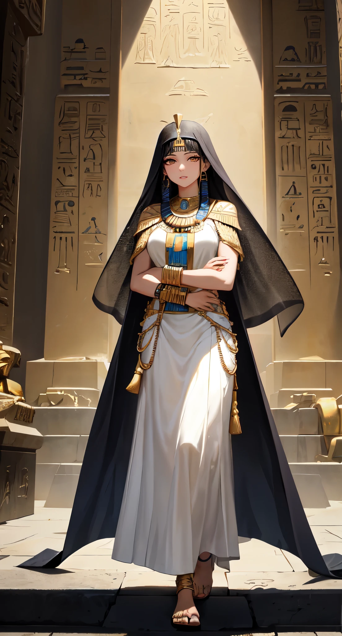 Ancient egyptian temple interior background,Slate and hieroglyphic text,long black hair,Standing close-up,dream world,ancient egypt queen,wheat colored skin,Messy hair,golden eyes,eye shadow,makeup feel,,Temple Background,(Amun statue,grand temple,Epic feeling：2.0),A wide range of jewelry,(Style white long skirt,priestess dress,veil：2.0),necklace,her wheat-colored skin,Exotic,barefoot,Gemstone anklets