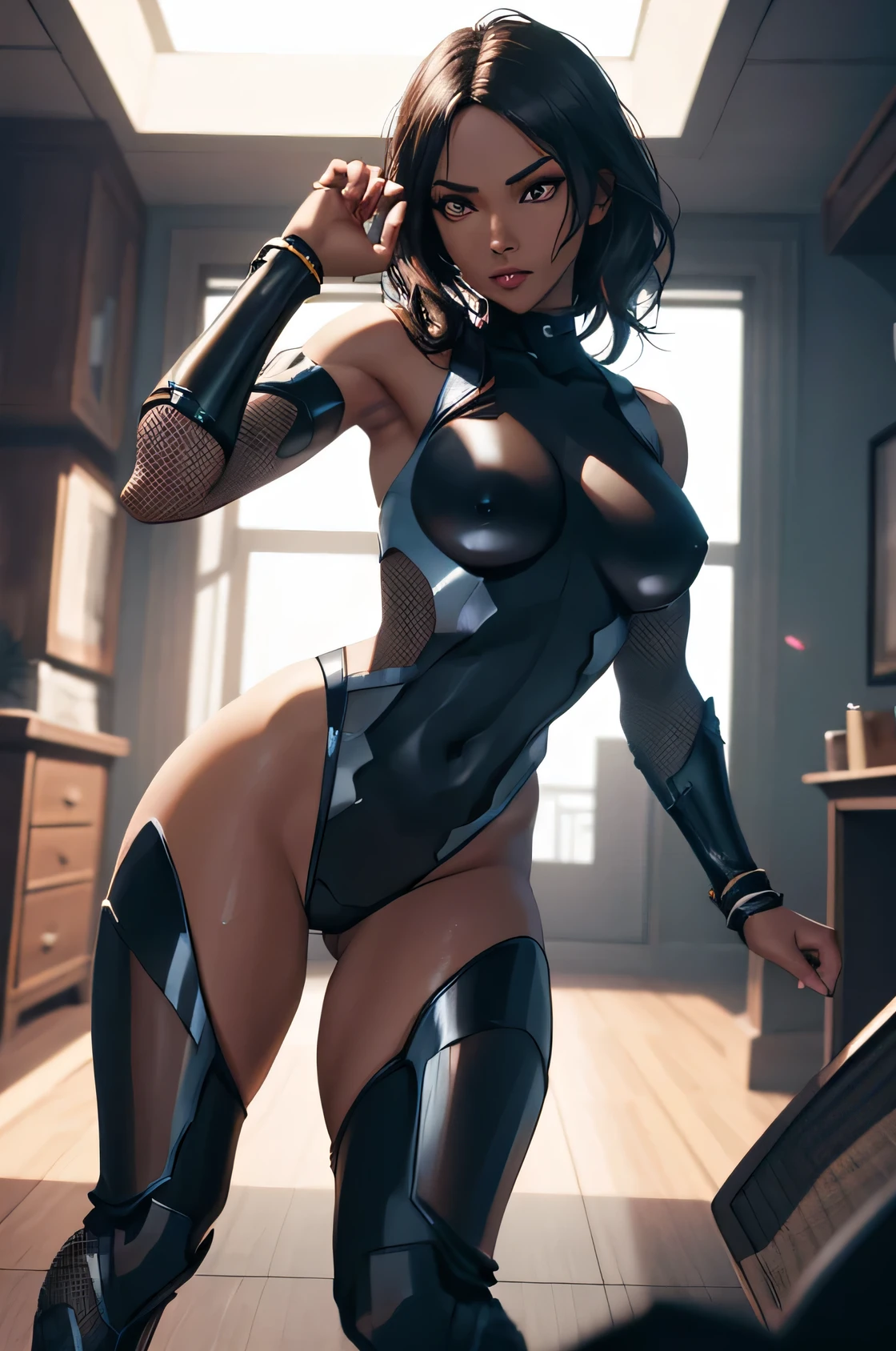 A sexy and beautiful woman, dark skin, dynamic pose, 3d, (8k), detailed texture,(hyperdetailed), (photo realistic), cinematic light, cinematic action, highly detailed, realistic, Isometric, full body, in frame, driven expression, dark theme, (extremely detailed eyes), detailed symmetric realistic face, extremely detailed natural texture, masterpiece, extremely detailed, amazing, fine detail, rich colors, hyper realistic lifelike texture, dramatic lighting, unreal engine, trending on art station, photo realistic, RAW photo, high quality, high res, sharp focus, extremely detailed, cinematic lighting, 8k, high definition, cinematic, neoprene, unreal engine 5, ultra sharp focus