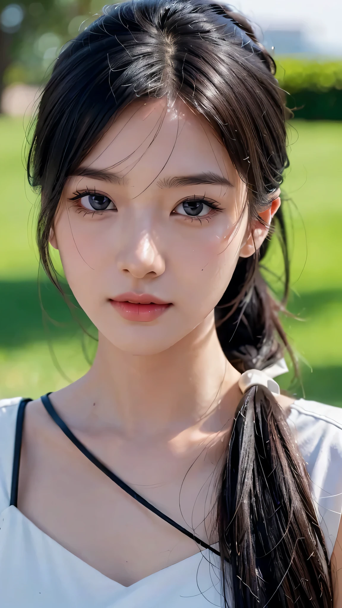 One woman,fully body photo,masutepiece, The highest image quality, High quality, the background is clear，Beautiful woman, Japanese, Detailed, Detailed eyes, Detailed skin, Beautiful skin, 超hight resolution, (reality: 1.4),Very beautiful woman, Slightly younger face, Beautiful skin, slender, (Ultra photo realsisim), (hight resolution), (8K), (Very detailed) (beautifully detailed eyes), (super detailed),   (Detailed face), view the viewer, Fine details, Detailed face, Staring straight ahead, Staring straight ahead, photos realistic, Bright lighting, Professional Lighting, Black hair,poneyTail,a baby face,sixteen years old,髪型はponeyTail,wear a ribbon,ロングのponeyTailの髪型,winking,Clear sky, on grass.