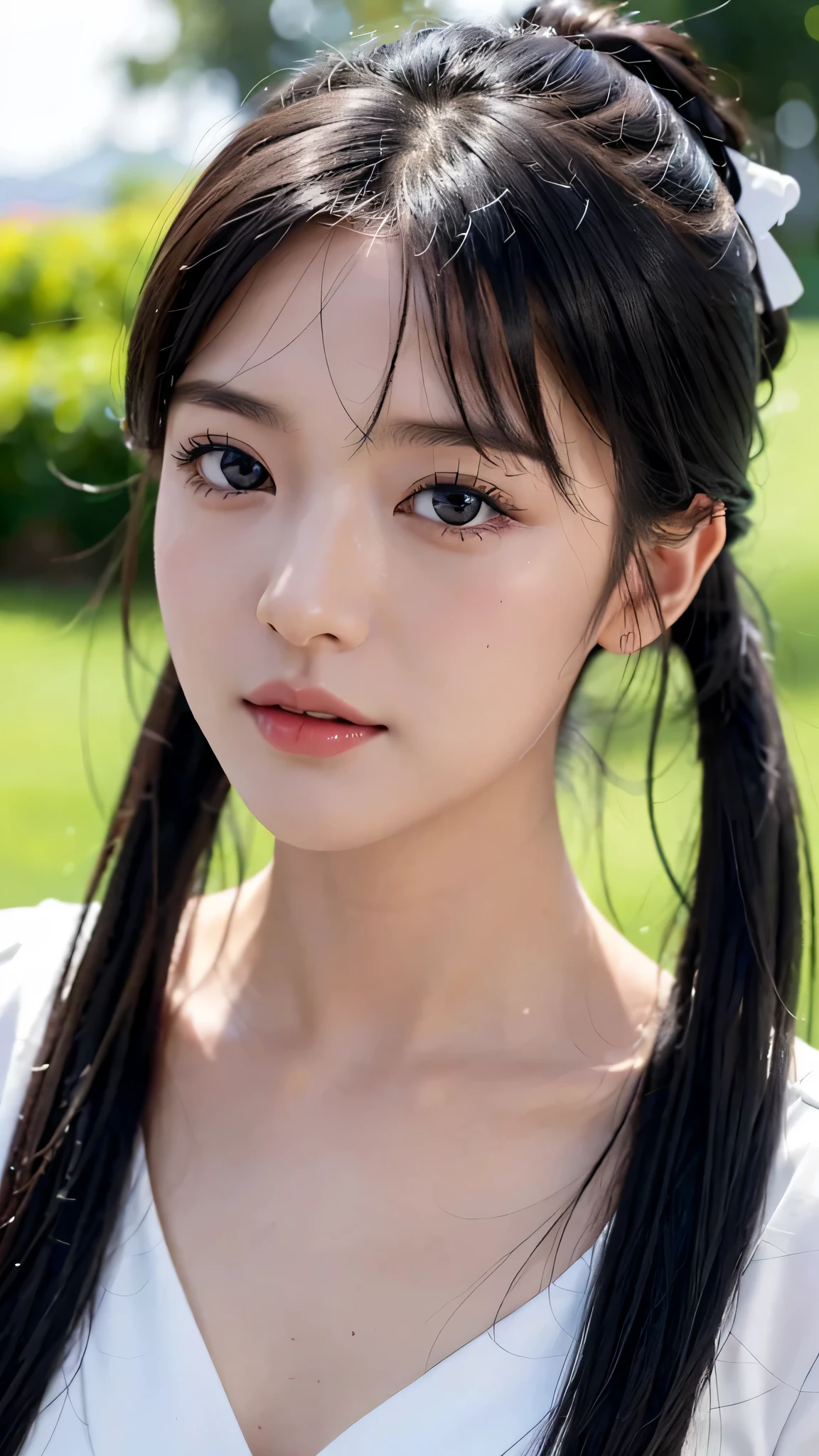 One woman,fully body photo,masutepiece, The highest image quality, High quality, the background is clear,Beautiful woman, Japanese, Detailed, Detailed eyes, Detailed skin, Beautiful skin, 超hight resolution, (reality: 1.4),Very beautiful woman, Slightly younger face, Beautiful skin, slender, (Ultra photo realsisim), (hight resolution), (8K), (Very detailed) (beautifully detailed eyes), (super detailed), (Detailed face), view the viewer, Fine details, Detailed face, Staring straight ahead, Staring straight ahead, photos realistic, Bright lighting, Professional Lighting, Black hair,poneyTail,a ,sixteen yTail,wear a ribbon,ロングのponeyTailの髪型,winking,Clear sky, on grass.
