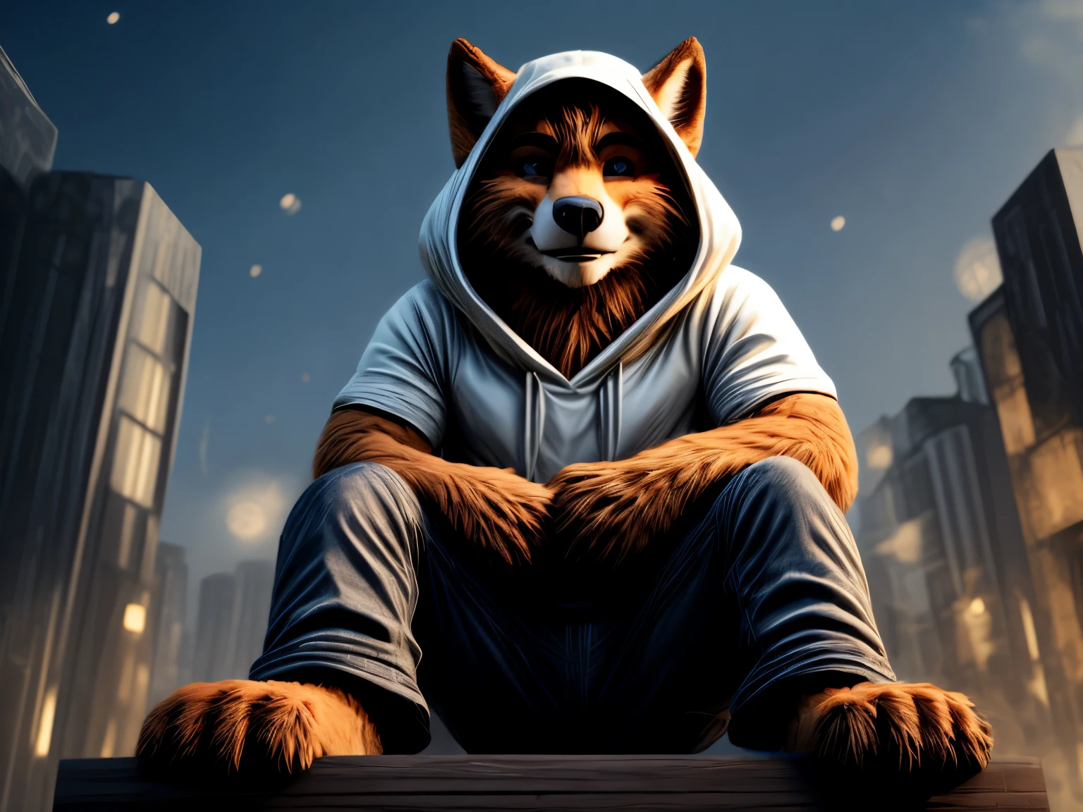 Hyperrealist art, furry portrait, vivid colours, full body picture, full figure image, masterpiece, best quality, high resolution, brawny barefoot Gideon Grey (Zootopia, cute, beefy, chubby, male fox, redish fur, longer fur on cheeks, side part hair style, shorter snout) in casual s clothes (hoodie, long pants), wearing sandals, sitting on park bench, detailed nice feet with short claws, watching video on smartphone, red glow in his eyes, smiling, Earplug Headphones. detailed background, anatomically correct, 8k, (wide dynamic range, dynamic angles and pose:1.2), sharp, focused, (DOA):1.23, (Particle),（author：by Jackaloo）