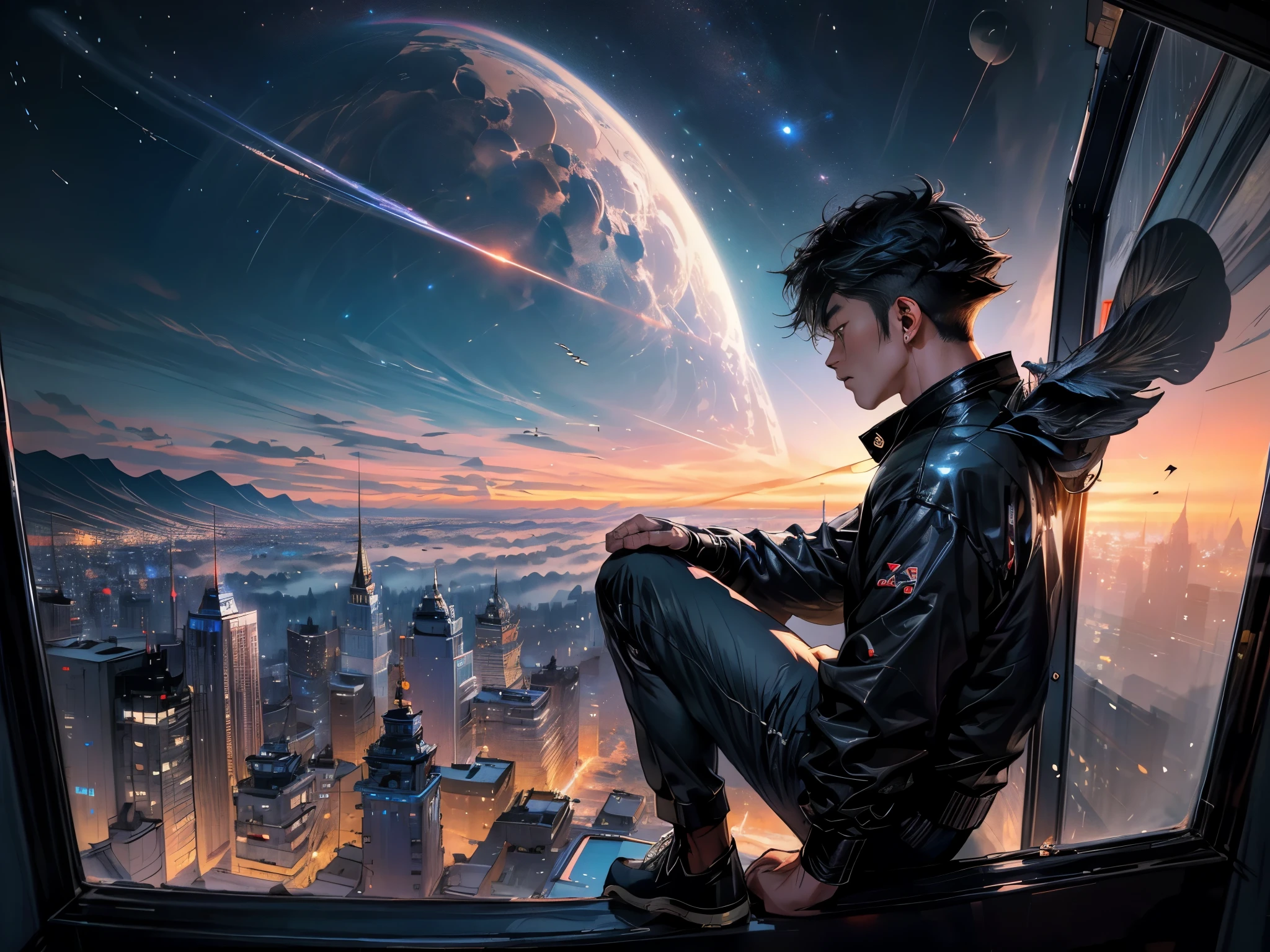 satellite image, A 27-year-old Chinese young man,Flying over the city, overlooking the city, Ultra-Wide Angle, cinematic lighting, depth of field, UHD, high quality, best quality, 4K, masterpiece