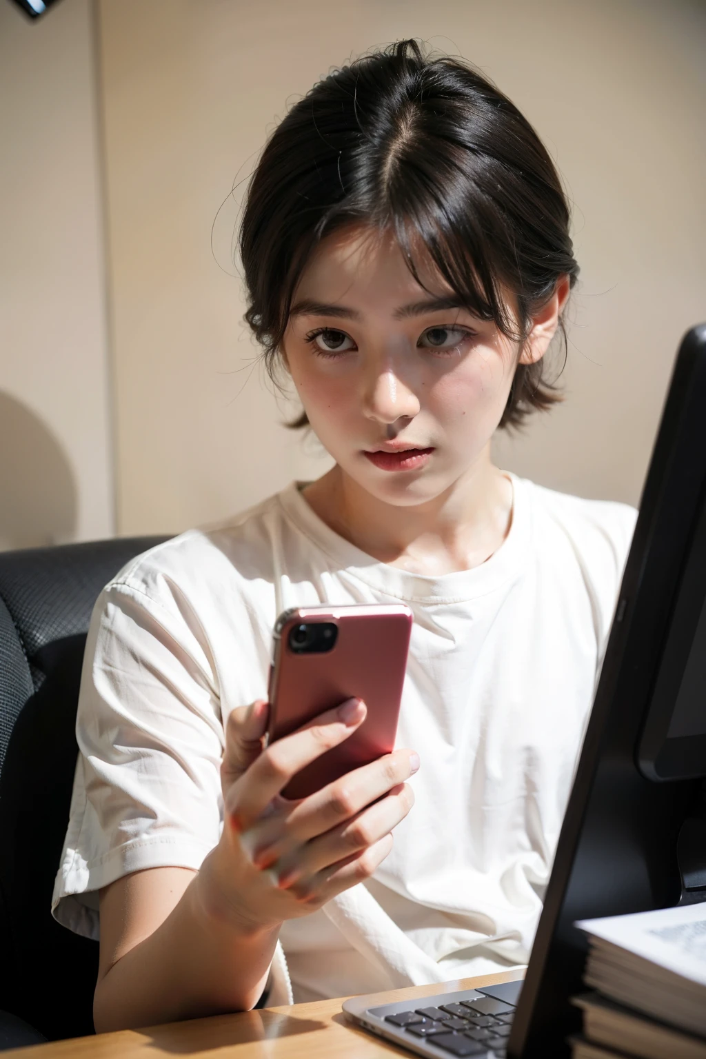 A boy looks at his mobile phone in the office