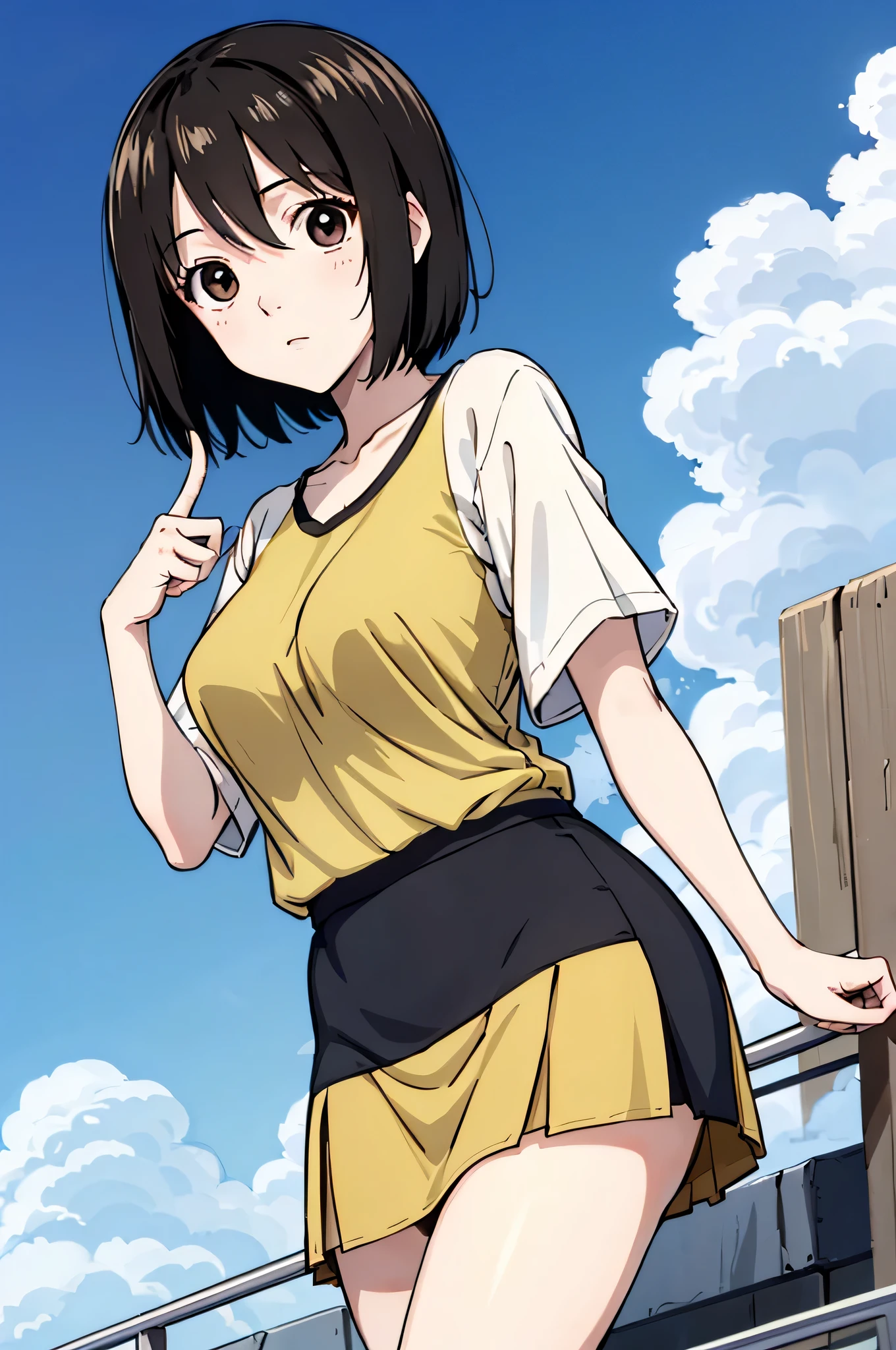 highest quality、High resolution、masterpiece、nakahara_misaki, ((two-tone shirt)), mini skirt, sky background、no background、Upper body、Raise your index finger、plump appearance、