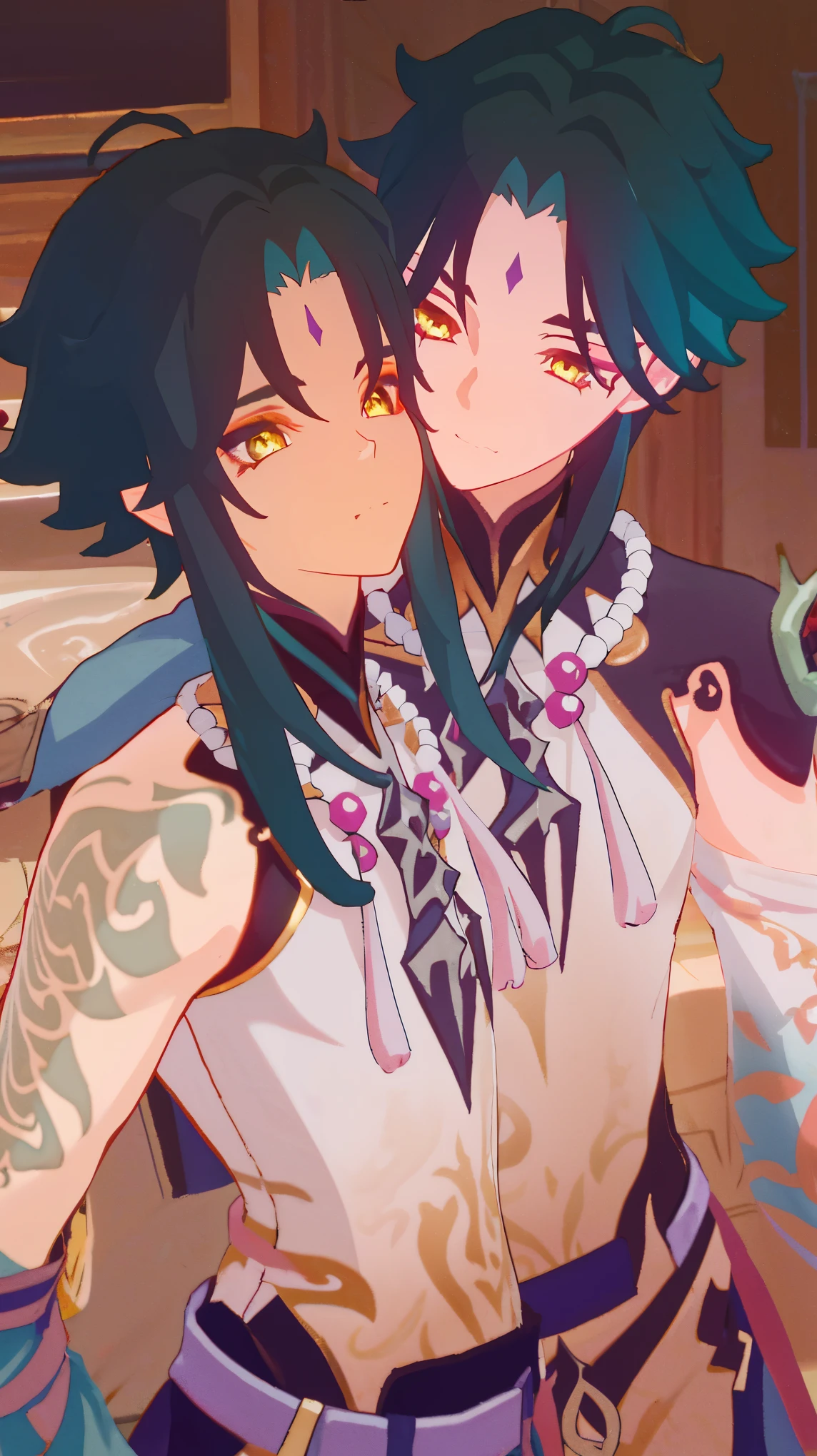 2 boys,dark green hair,highest quality,masterpiece,excessive,yellow eyes,male focus,beautiful eyes,beautiful boy,Between males,Spouse,spouse,hug,hug each other,embarrassed face,