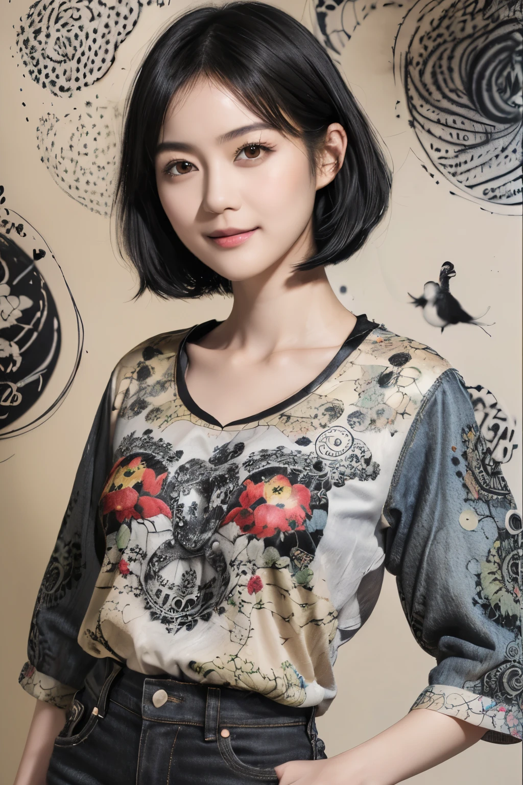 154
(Black Shorthair:1.46), (a 20 yo woman), (A hyper-realistic), (Masterpiece), (8KUHD), (gentle smile), Slender waist, Wearing jeans, ((Floral Clothing - T-Shirts)), Wearing long pants, abstract painting, (doodle:1.46), (brest:1.46), (口紅)