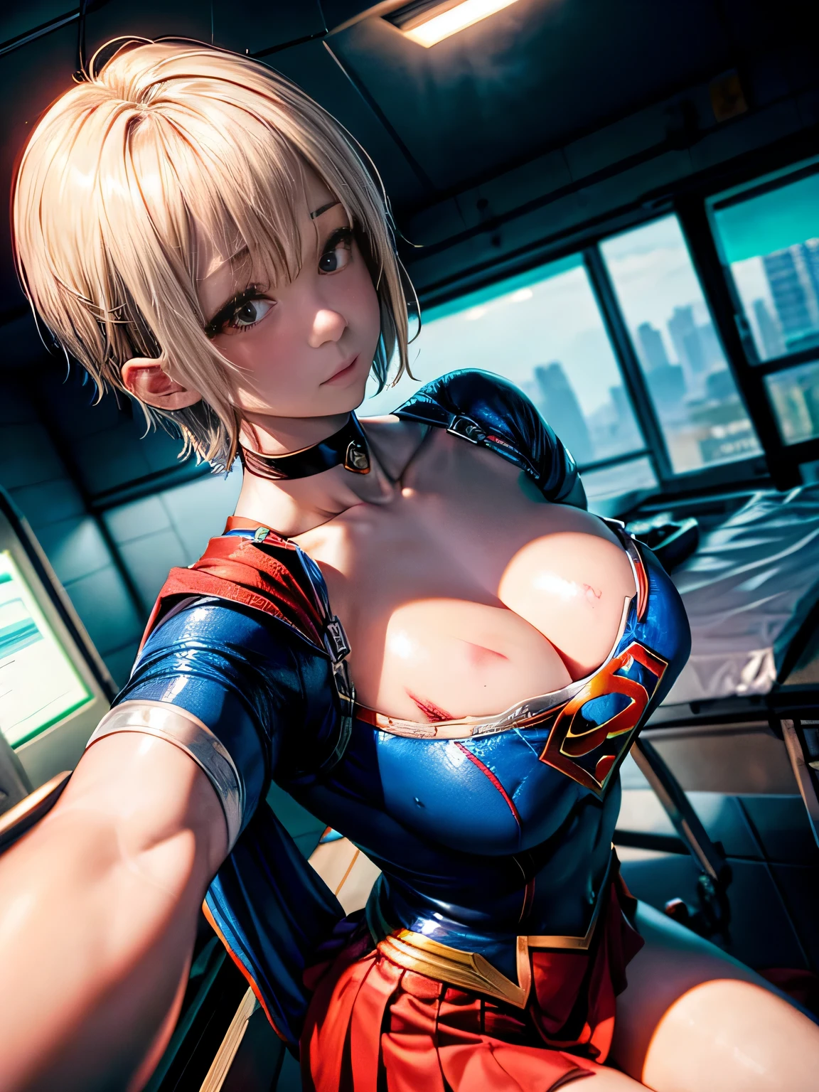 masterpiece、Supergirl with short hair lying injured on the operating table in the operating room、tattered clothes、big and full breasts、look at the camera、shiny costume、cloudy liquid、Bukkake、Covered with lotion、medical equipment、choker、exhausted、long sleeve、barefoot、red lime、Filled with smoke