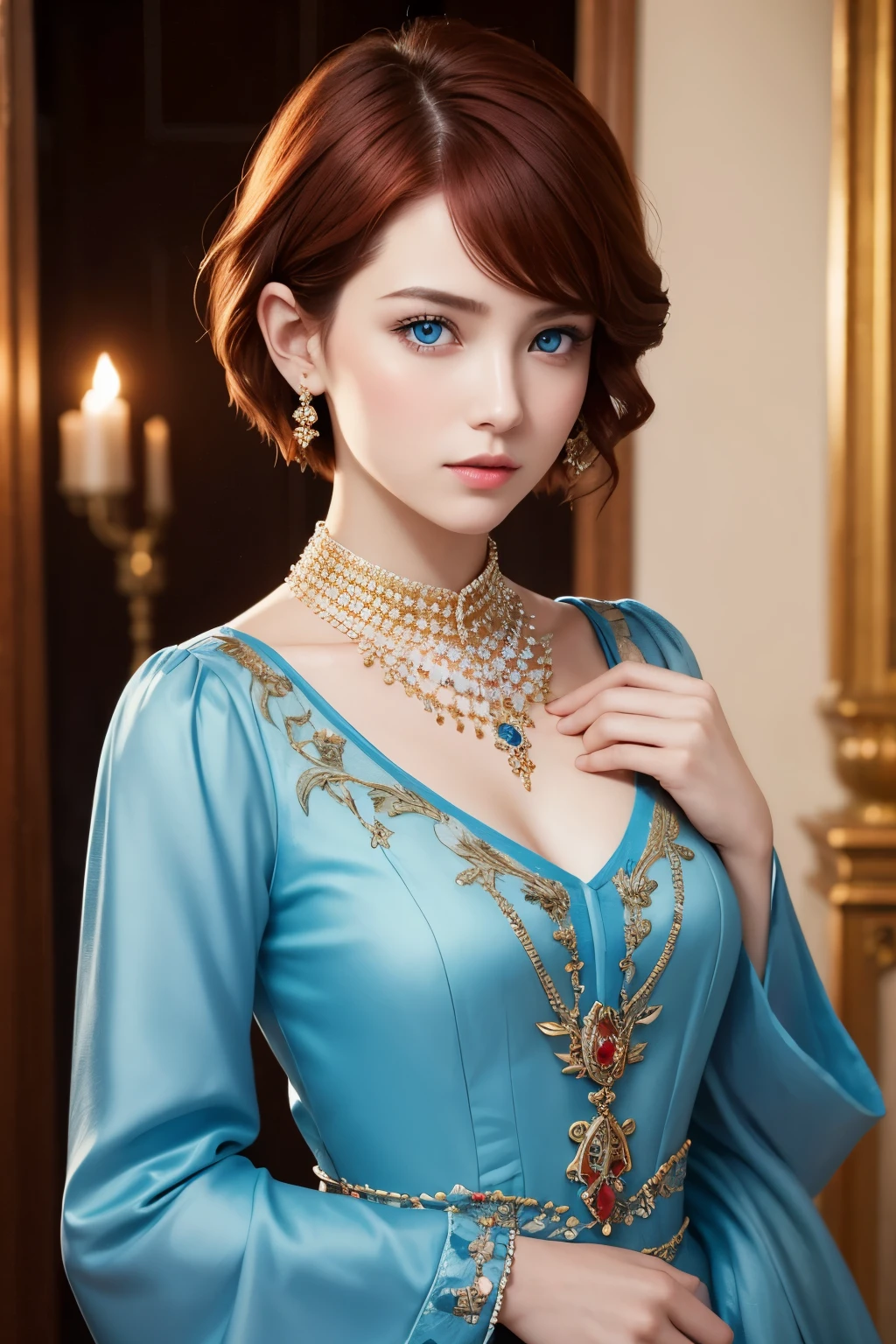 beautiful aristocrat girl with short red hair and blue eyes in fine clothes and jewels