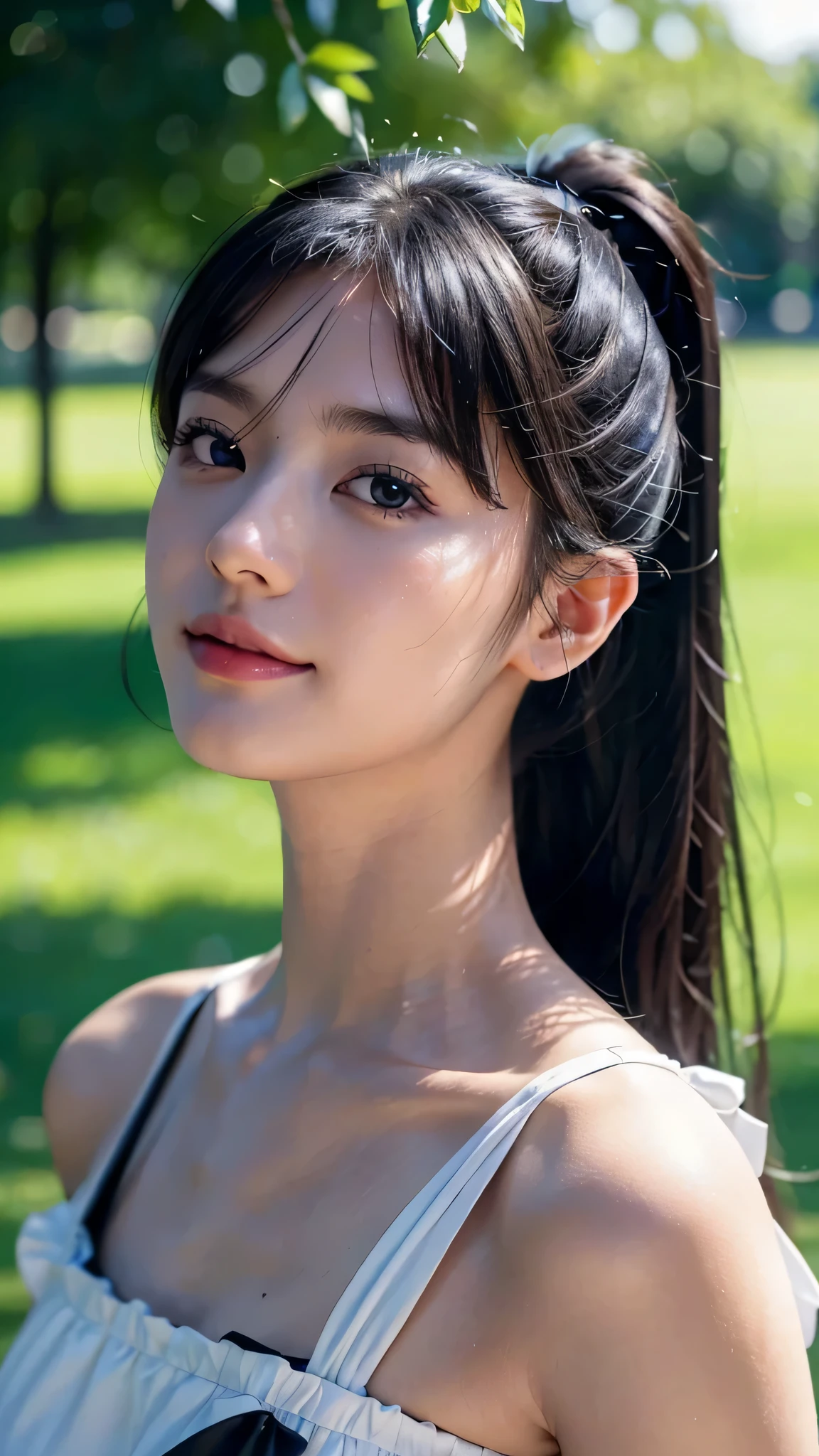 One woman,fully body photo,masutepiece, The highest image quality, High quality, the background is clear，Beautiful woman, Japanese, Detailed, Detailed eyes, Detailed skin, Beautiful skin, 超hight resolution, (reality: 1.4),Very beautiful woman, Slightly younger face, Beautiful skin, slender, (Ultra photo realsisim), (hight resolution), (8K), (Very detailed) (beautifully detailed eyes), (super detailed),   (Detailed face), view the viewer, Fine details, Detailed face, Staring straight ahead, Staring straight ahead, photos realistic, Bright lighting, Professional Lighting, Black hair,poneyTail,a baby face,sixteen years old,髪型はponeyTail,wear a ribbon,ロングのponeyTailの髪型,winking,Clear sky, on grass,Relaxed, smiling, juicing.