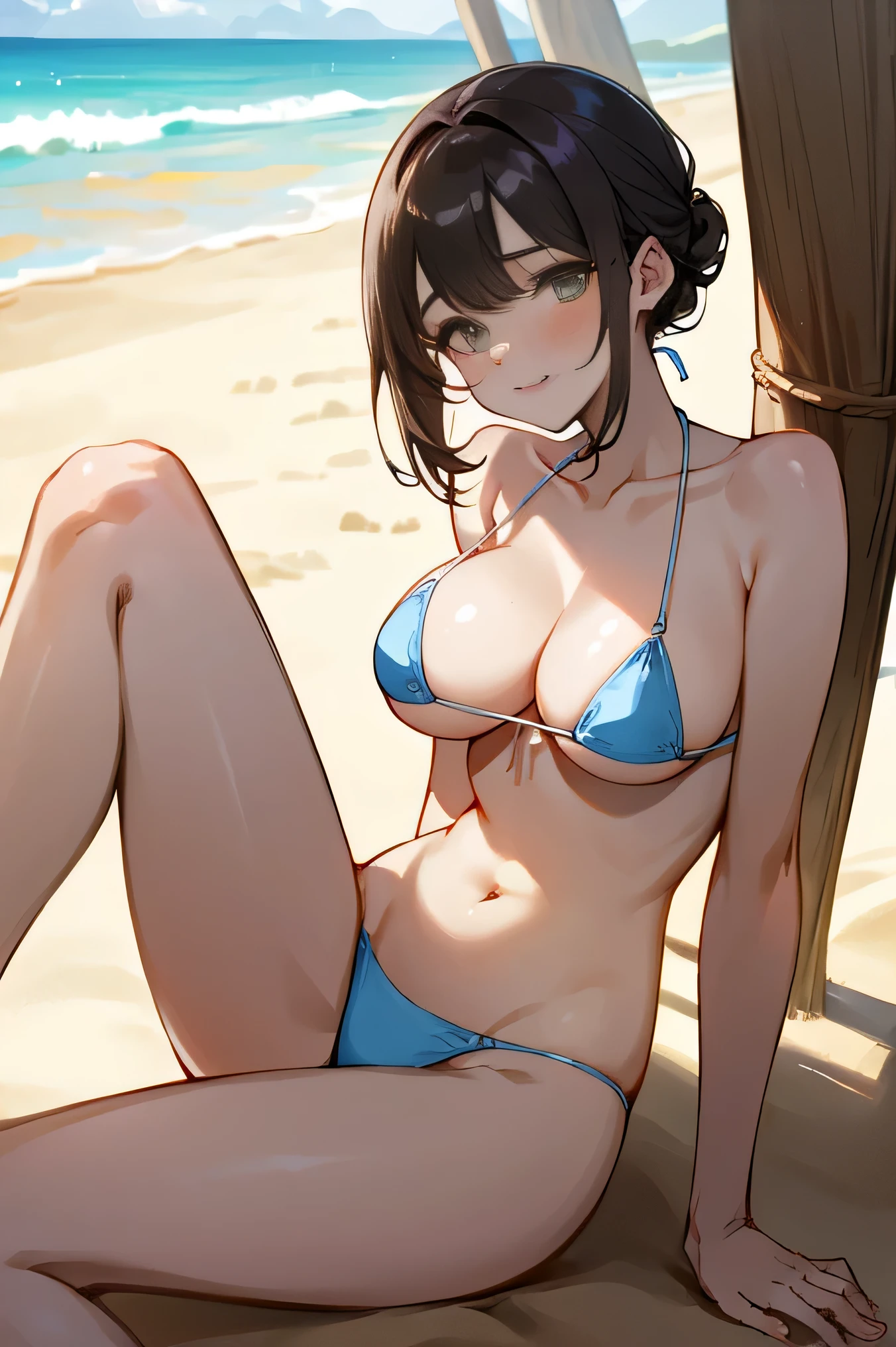 (8K、RAW photo、highest quality)、detailed background、beautiful and detailed face、beautiful and smooth skin、skin texture、professional lighting、Cute beautiful Iful Girl、、cute hairstyle、(big breasts:1.3)、white sheer wet sexy micro bikini、Lying on the sandy beach、Show 1&#39;~ side、emphasize the chest、open your legs、look at me with a sexual expression