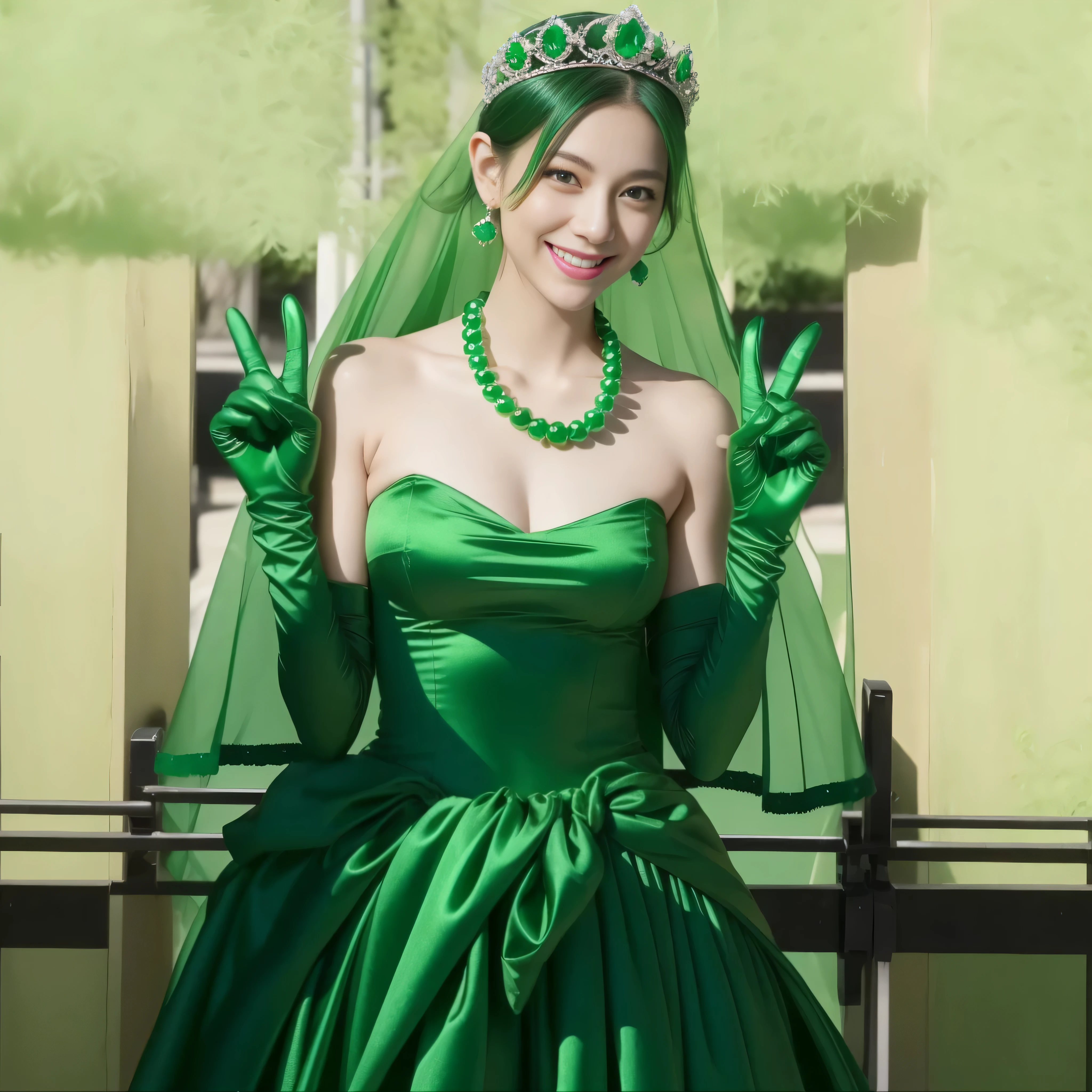 emerald tiara, green pearl necklace, boyish very short green hair, lipstick, smiling Japanese woman, very short hair, big breasts beautiful, green eyes, Long Green Satin Gloves, green eyes, V sign, emerald earrings, green veil