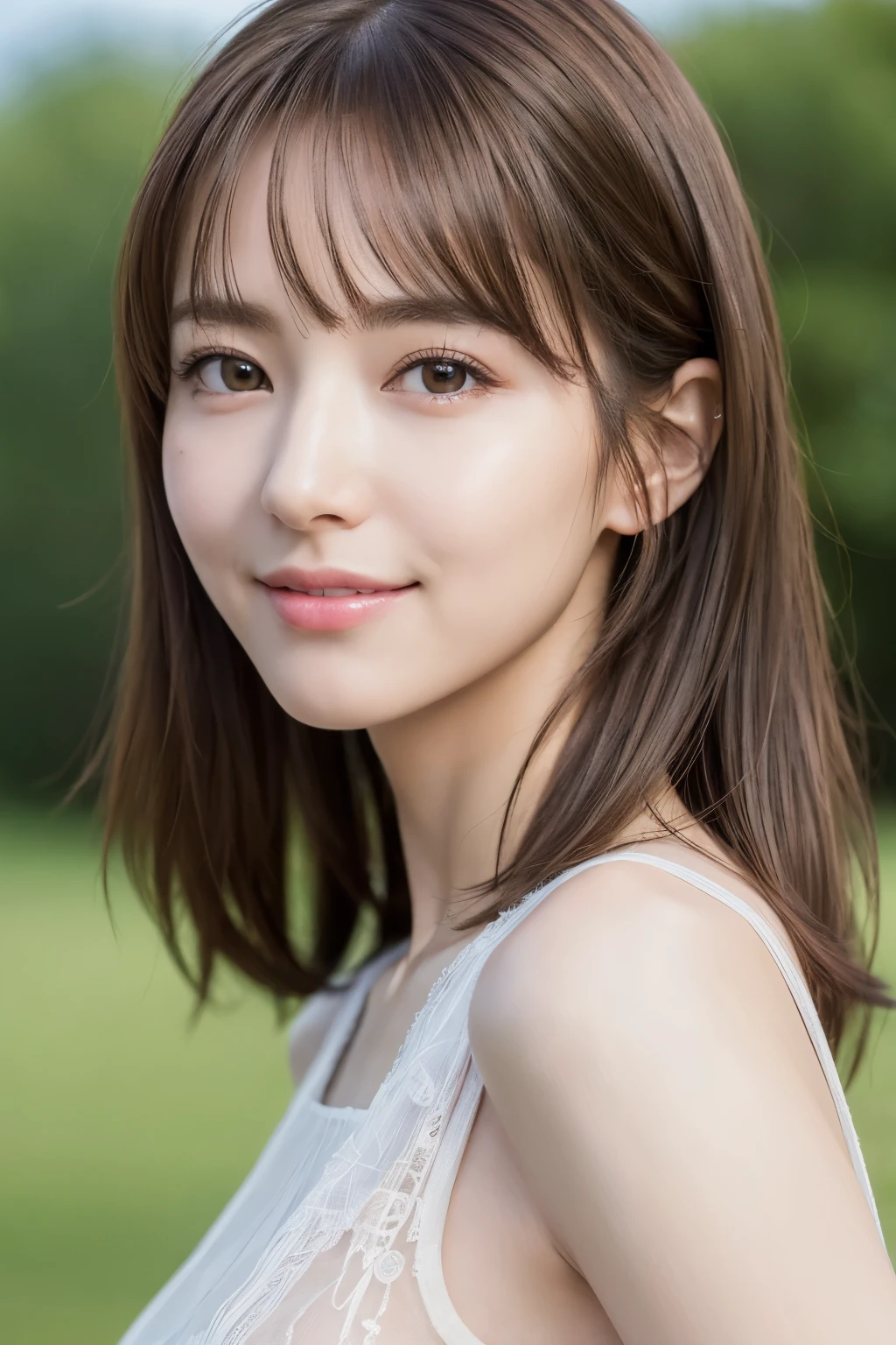 (Raw photo:1.2)、(Photoreal:1.4)、(masterpiece:1.3)、(highest quality:1.4)、Super high resolution、(fine eyes)、(detailed facial features)、(Detailed clothing characteristics)、nffsw、8K resolution、focus only、bangs、skin tightening、(shiny skin)、(slender girl)、(extreme detail)、landscape、no text、 1 girl、cute、blurred background、medium hair、smile