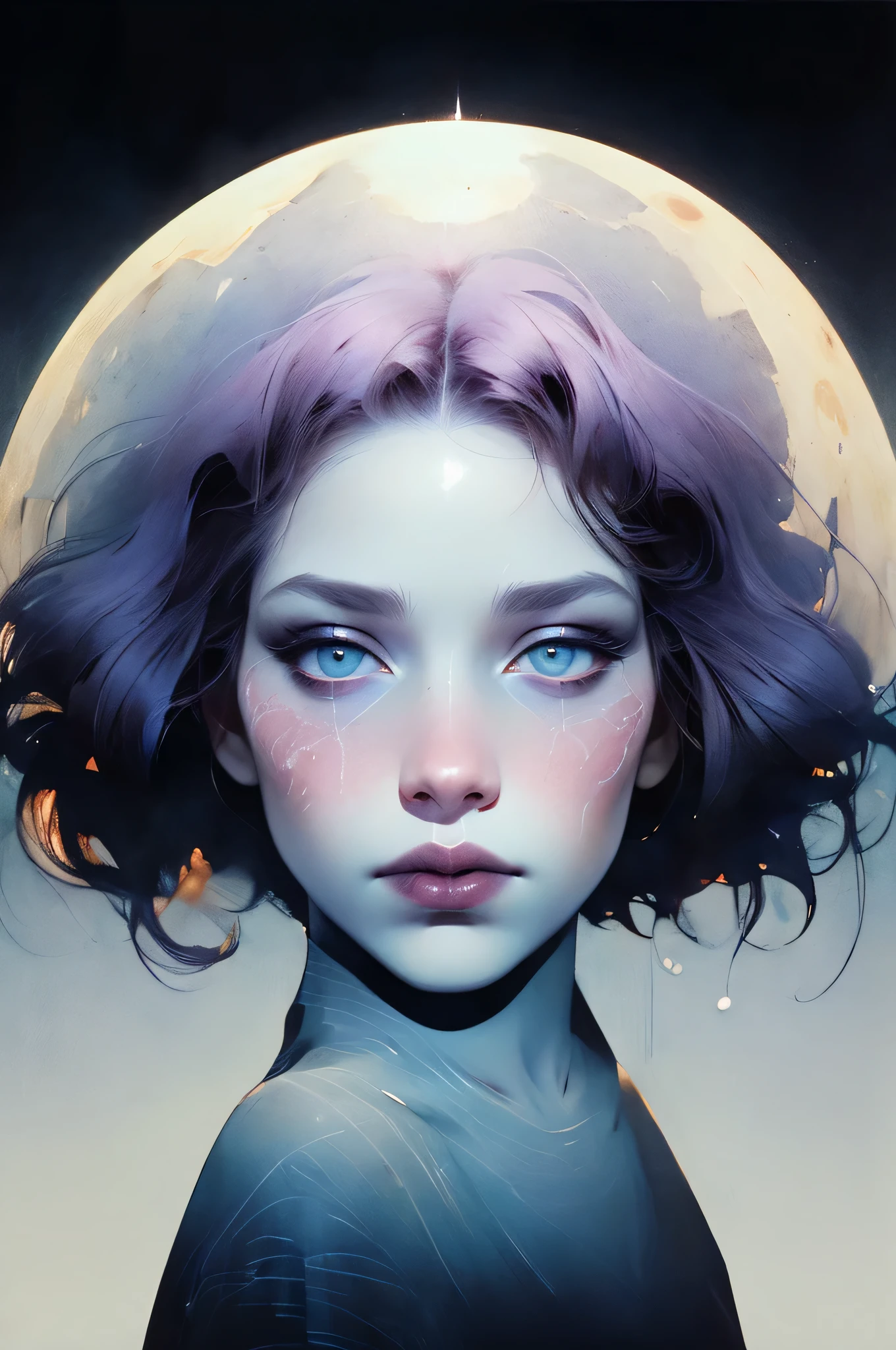 1girl, (8k, RAW photo, best quality, masterpiece:1.2), (realistic, photo-realistic:1.37), solo,ultra-detailed,pantyhose, long shot,  beautiful background,,shirt,skirt, . a woman by agnes cecile, luminous design, pale colors, ink drips, moon lights,