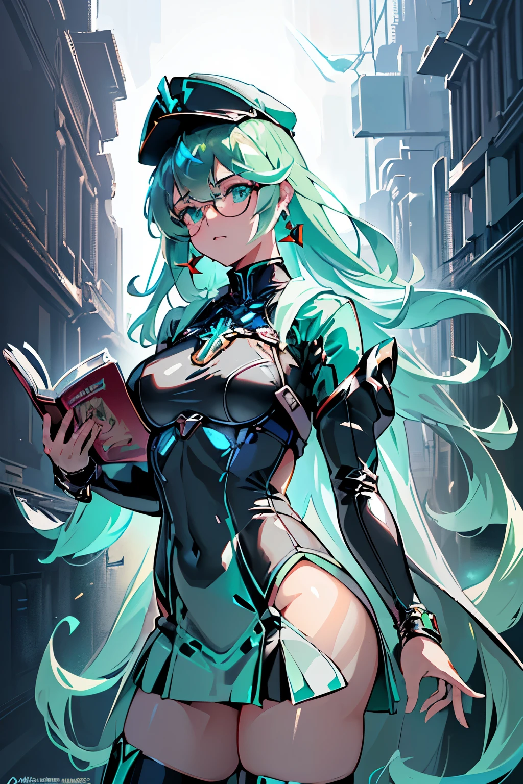 Anime, Girl, (((1girl))), (((Waifu, Xenoblade Chronicles 2, Pneuma Waifu))), (((Seafoam Green Hair, Long Hair))), ((Seafoam Green Eyes eyes:1.3, Upturned Eyes: 1, Perfect Eyes, Beautiful Detailed Eyes, Gradient eyes: 1, Finely Detailed Beautiful Eyes: 1, Symmetrical Eyes: 1, Big Highlight On Eyes: 1.2)), (((Lustrous Skin: 1.5, Bright Skin: 1.5, Skin Fair, Shiny Skin, Very Shiny Skin, Shiny Body, Plastic Glitter Skin, Exaggerated Shiny Skin, Illuminated Skin))), (Detailed Body, (Detailed Face)), Young, Idol Pose, (Best Quality), ((((Techwear))), (((Military Uniform))), (((Military Cap))), (((Military Coat))), (((Thigh-high Heeled Boots))), (((Reading Glasses))), (((Earrings)))) High Resolution, Sharp Focus, Ultra Detailed, Extremely Detailed, Extremely High Quality Artwork, (Realistic, Photorealistic: 1.37), 8k_Wallpaper, (Extremely Detailed CG 8k), (Very Fine 8K CG), ((Hyper Super Ultra Detailed Perfect Piece)), (((Flawlessmasterpiece))), Illustration, Vibrant Colors, (Intricate), High Contrast, Selective Lighting, Double Exposure, HDR (High Dynamic Range), Post-processing, Background Blur