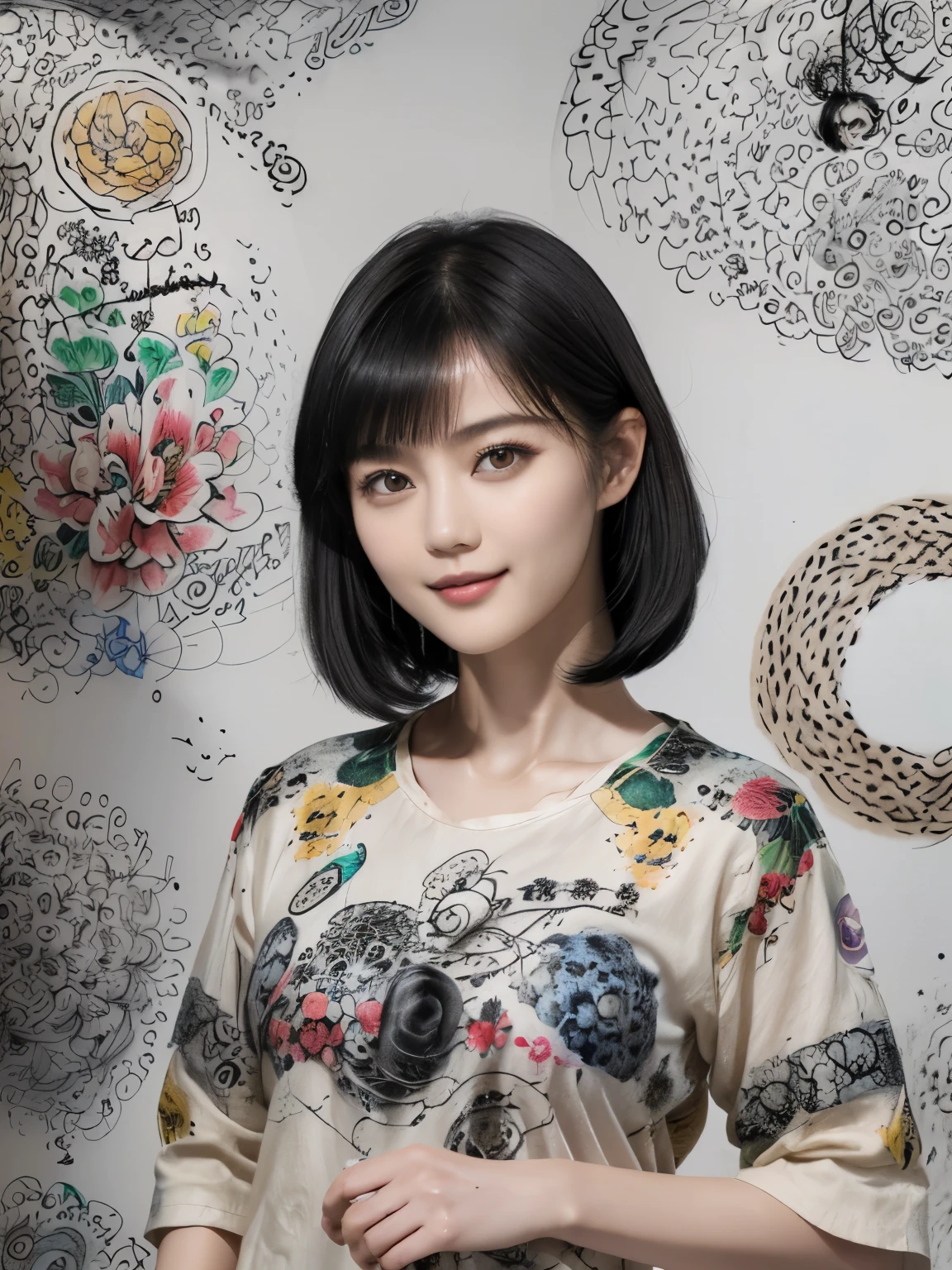154
(Black Shorthair:1.46), (a 20 yo woman), (A hyper-realistic), (Masterpiece), (8KUHD), (gentle smile), Slender waist, Wearing jeans, ((Floral Clothing - T-Shirts)), Wearing long pants, abstract painting, (doodle:1.46), (brest:1.46), (口紅)