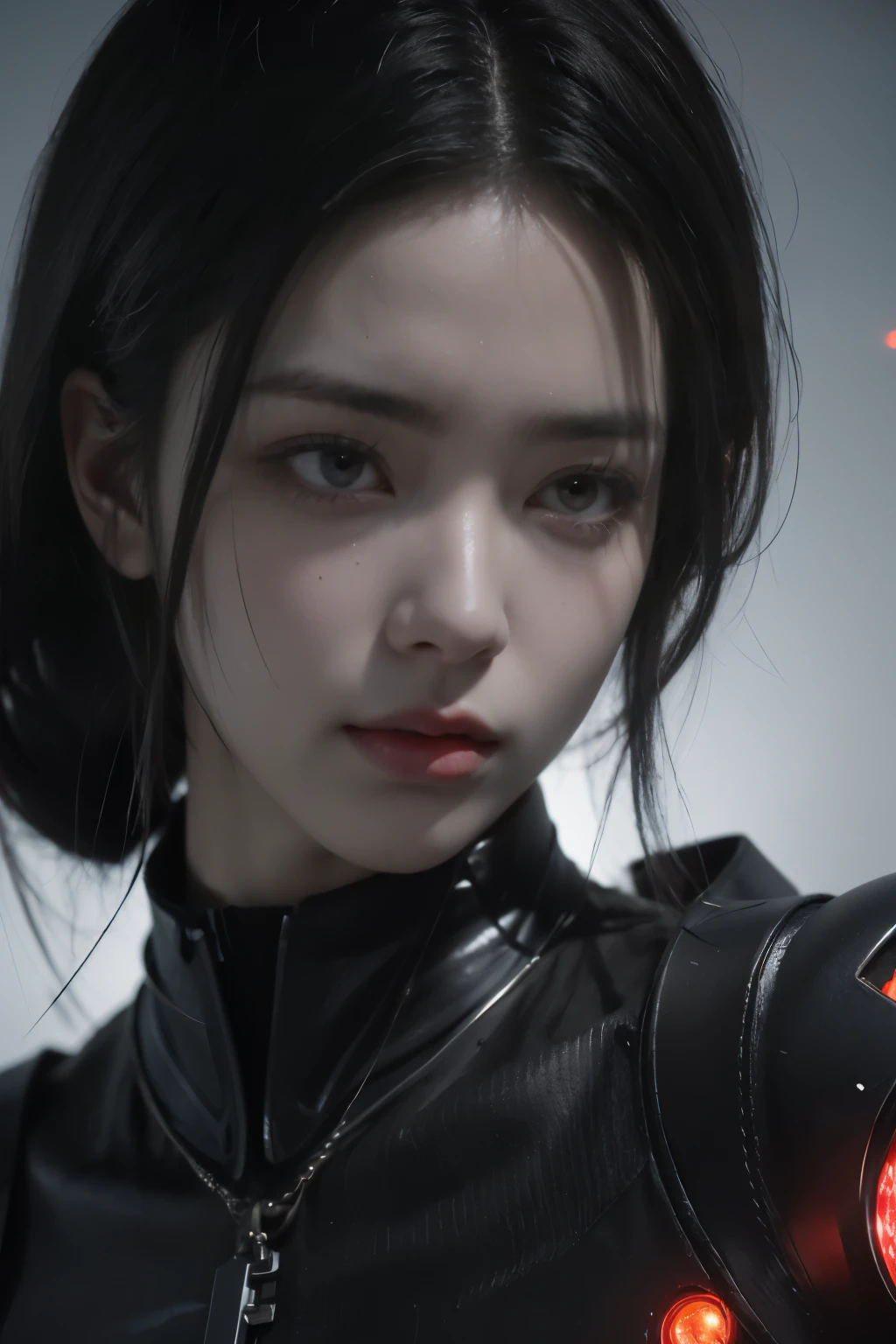 Game art，The best picture quality，Highest resolution，8K，(A bust photograph)，(Portrait)，(Head close-up:1.5)，(Rule of thirds)，Unreal Engine 5 rendering works， (The Girl of the Future)，(Female Warrior)， 22岁少女，(Female hackers)，(White and red gradient，Ancient Oriental hairstyle)，((The pupils of the red eyes:1.3))，(A beautiful eye full of detail)，(Big breasts)，(Eye shadow)，优雅迷人，冷漠，((Anger))，(Cyberpunk jacket full of futuristic look，Joint Armor，There are exquisite Chinese patterns on the clothes，A flash of jewellery)，赛博朋克人物，未来风格， 拍照姿势，城市背景，Movie lights，Ray tracing，Game CG，((3D Unreal Engine))，oc渲染反射纹