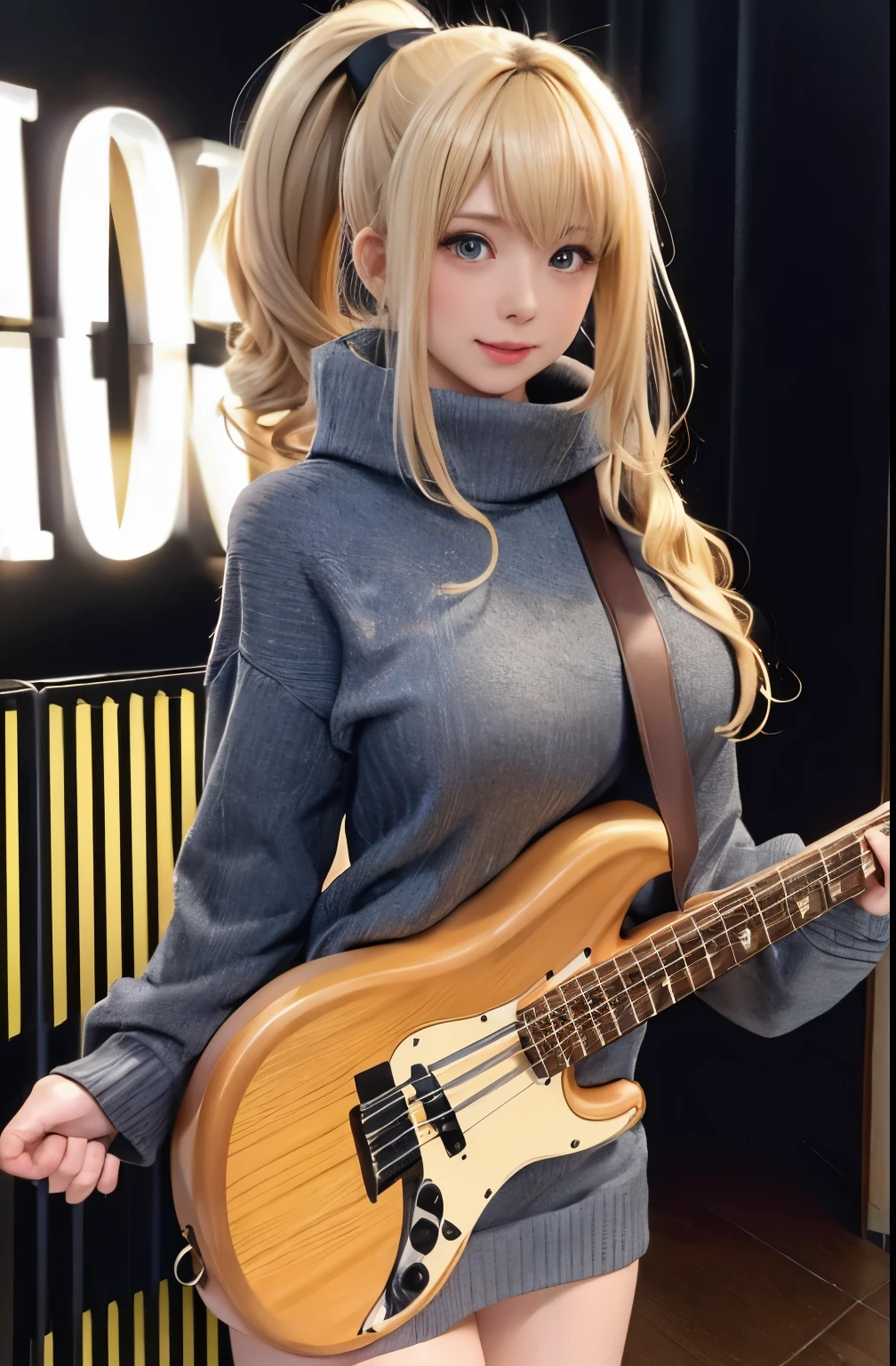 realistic、masterpiece、1 girl、23 years old、beautiful face、embarrassing、（Front facing、standing position、spread your legs、musicians、Gray knitwear、black kirt that rolls up、play electric bass）、（blonde hair ponytail、wavy hair）、on stage、beautiful thighs、between legs、（panty shot）