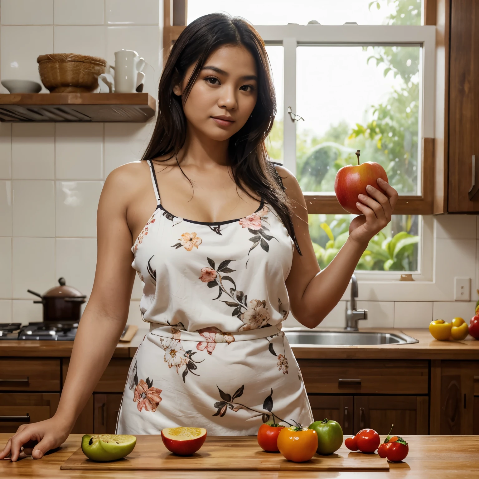 A photography realistic image of an
indonesian women, 33 year, plump,
wearing a sleeveless home dreas with floral
motifs, holding an eggplant instead of the
corn. The eggplant is coated with a thick
white sauce that drips from the top of the
eggplant. The background of the image is a
wooden shelf containing various types of
fruit and vegetables such as apples,
oranges and peppers. background a
modern kitchen, bokeh, ultra HD, 12k. Add
more details such as shadows, reflections,
and textures to the image.