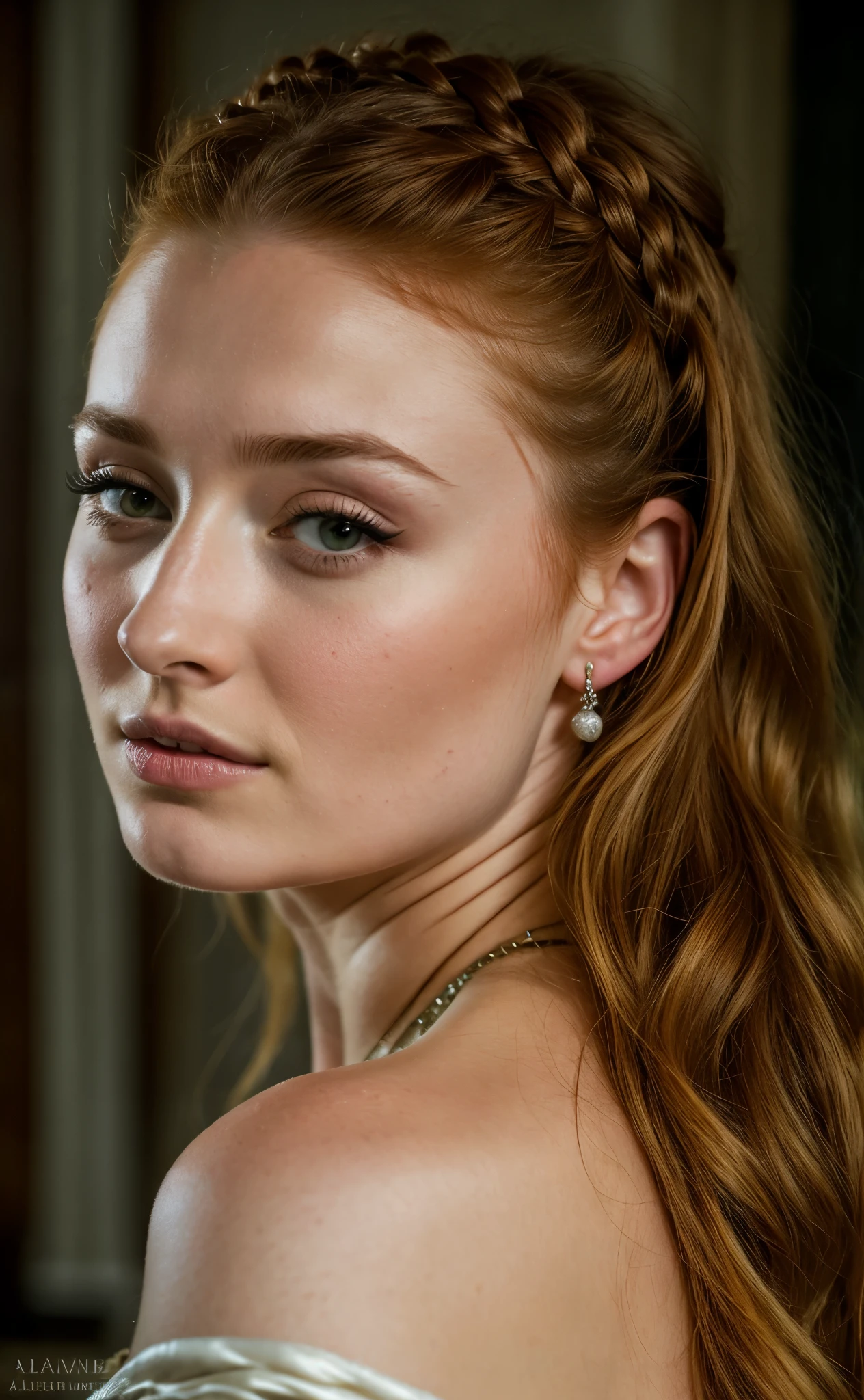 Foto RAW, Sansa Stark PLAYED BY SOPHIE TURNER Ned and Cat's oldest daughter. Demure and ladylike, her dream  to marry Prince Joffrey. Her direwolf  named Lady , Game of Thrones Series, (pele altamente detalhada: 1.2), 8k UHD, DSLR, soft-lighting, alta qualidade, grain of film, Fujifilm XT3