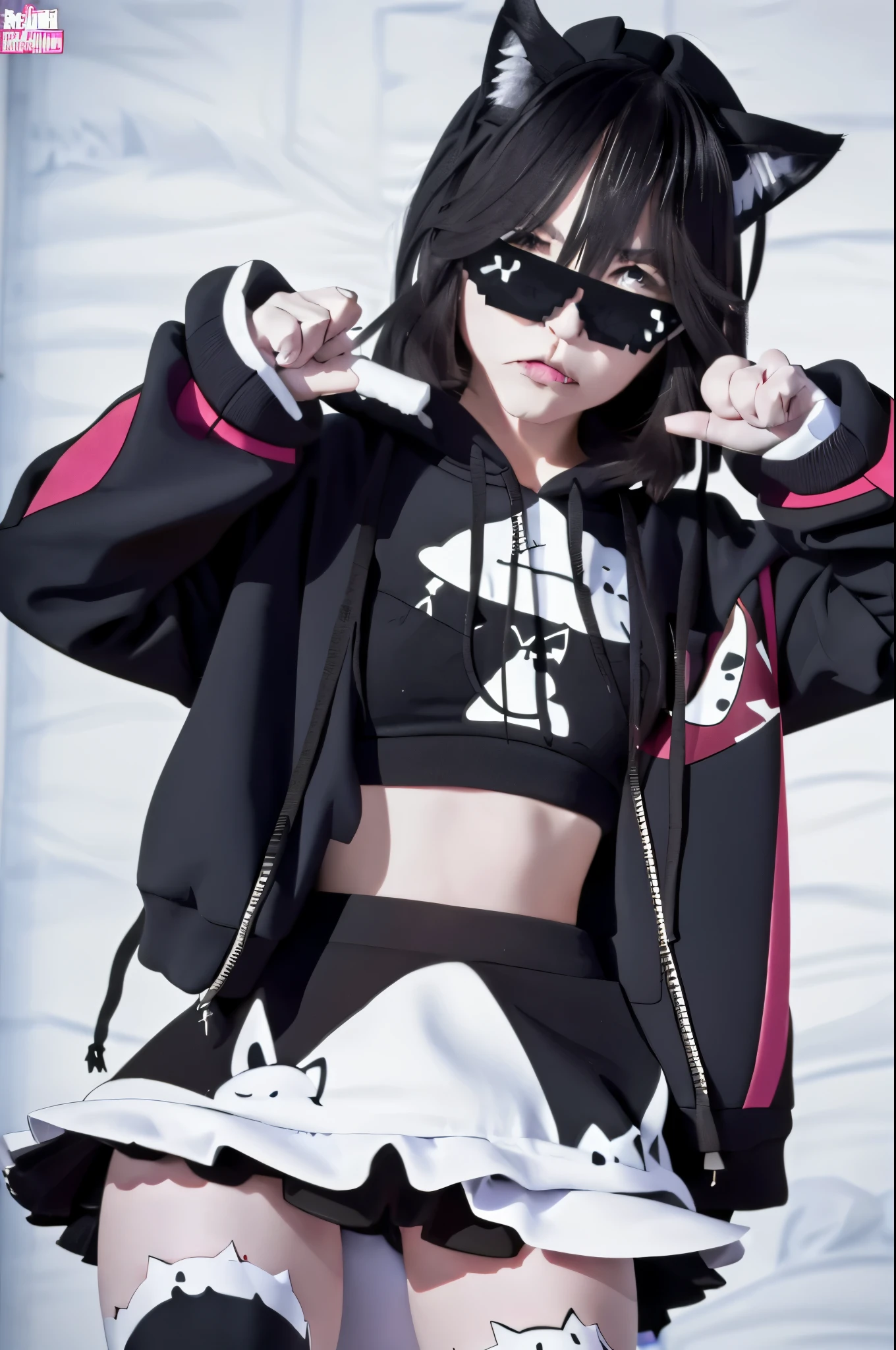 ryuuko matoi NyannersBase, cat ears, hoodie, long sleeves, camisole, cat print, white skirt, cat ear legwear, asymmetrical legwear with a mic in hand acting as a rappers crew incrsdealwithit
sunglasses