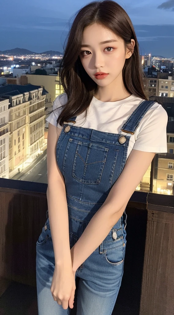 (best quality, high resolution, masterpiece :1.3), a tall and beautiful woman, slim abs, Dark brown hair styled in loose waves, breast, Wear a pendant, white button-down blouse, belt, black skirt, (Modern architectural background), Detailed rendering of facial and skin textures, delicate eyes, double eyelids