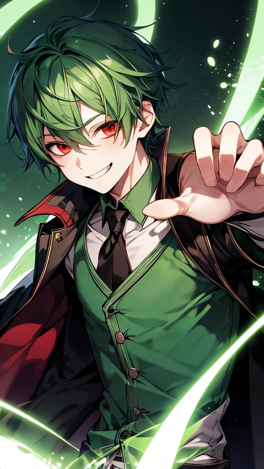 Green hair and eyes, boy, teenager, red eyes, deceiving smile, mysterious, fantasy, magic academy
