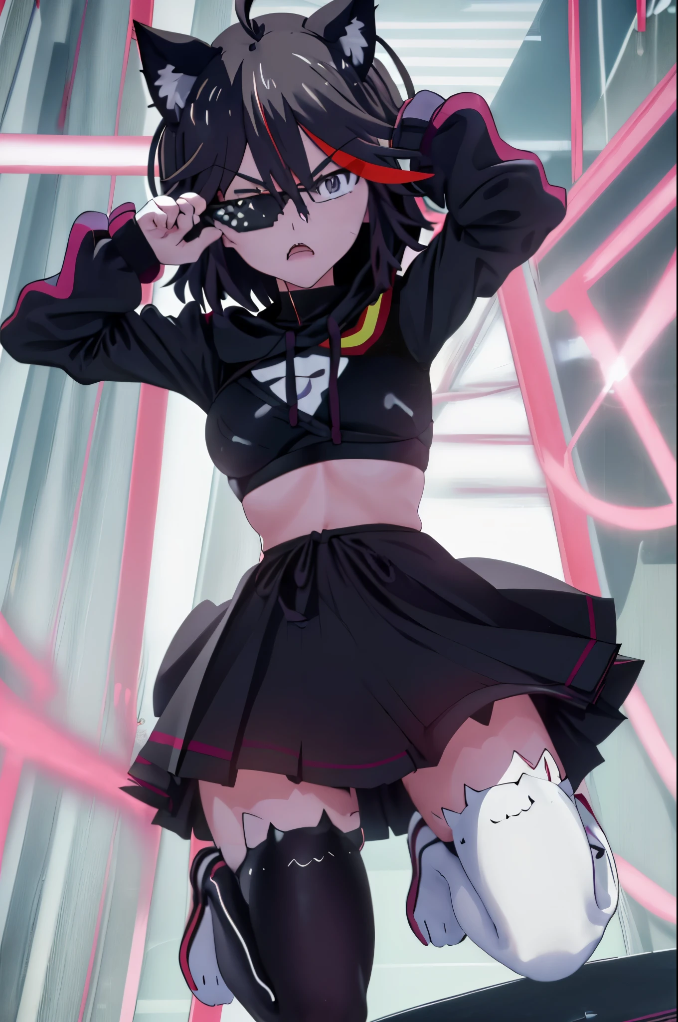 ryuuko matoi and NyannersBase, cat ears, hoodie, long sleeves, camisole, cat print, white skirt, cat ear legwear, asymmetrical legwear with a mic in hand acting as a rappers crew  incrsdealwithit
sunglasses 