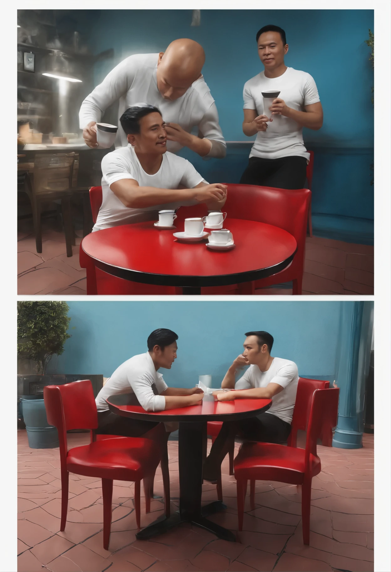Hyper realistic 3D images. There were 2 handsome Indonesian men wearing red and white t-shirts that read "RTS INDONESIA" with 1 man with bushy hair and 1 man with bald hair, sitting joking on blue chairs in front of the coffee shop. The shop says "RTS CENTER". In front of the man there was a cup of coffee that was still smoking, a laptop on a blue table. Beside him there was an empty blue chair. Beside the coffee there is a fried banana on a plate. detailed, sharp, focused, 1