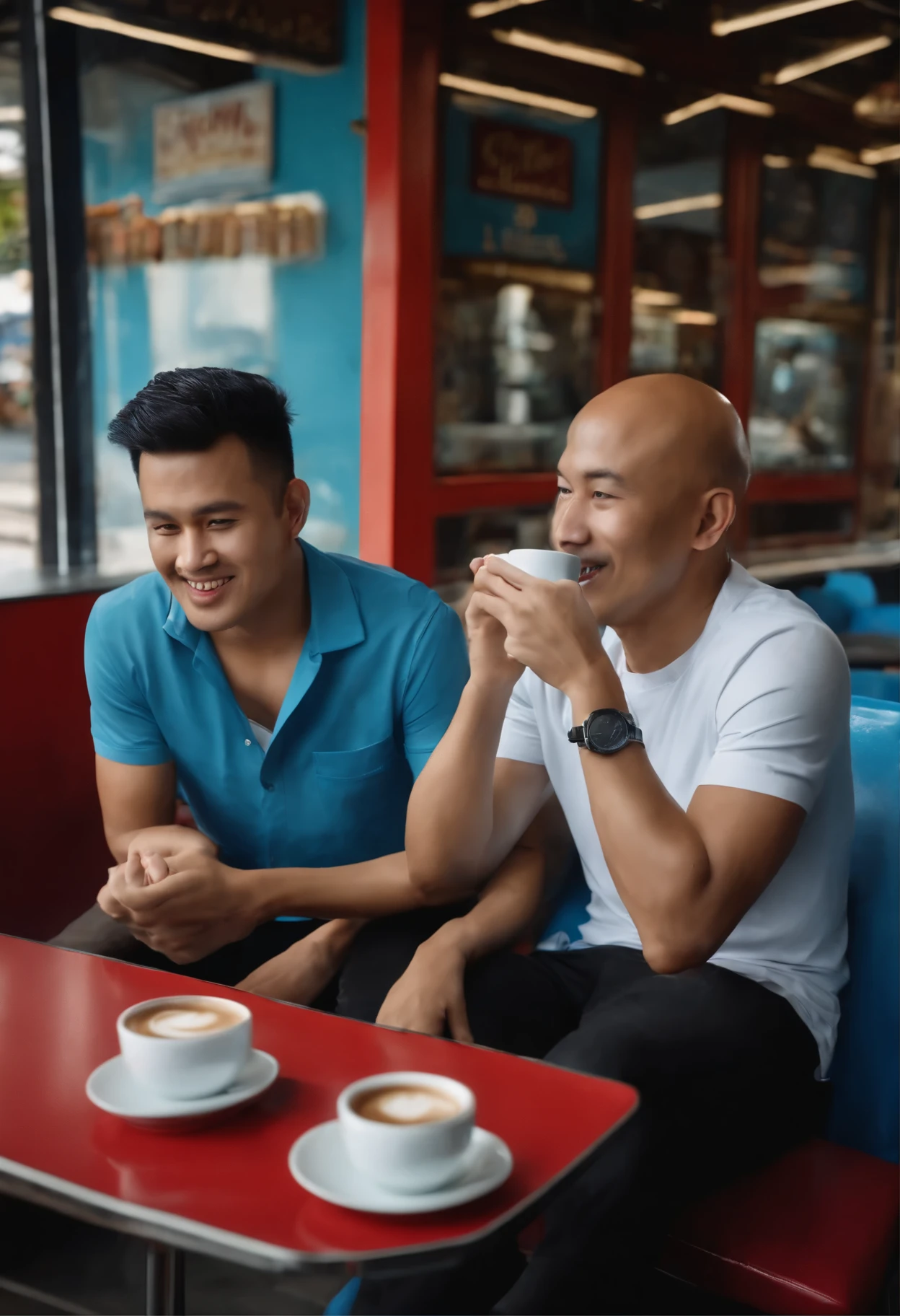 Hyper realistic 3D images. There were 2 handsome Indonesian men wearing red and white t-shirts that read "RTS INDONESIA" with 1 man with bushy hair and 1 man with bald hair, sitting joking on blue chairs in front of the coffee shop. The shop says "RTS CENTER". In front of the man there was a cup of coffee that was still smoking, a laptop on a blue table. Beside him there was an empty blue chair. Beside the coffee there is a fried banana on a plate. detailed, sharp, focused, 1