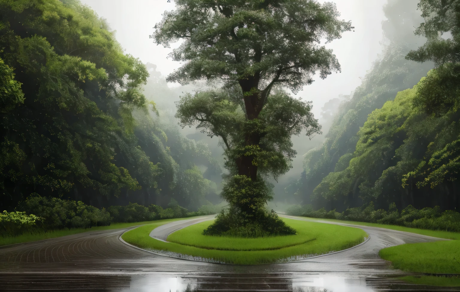 dense forest, accompanied by heavy rain, monochromatic, Vines around, Huge wet tree, masterpiece, 最high quality, high quality, very detailed CG unity 8k wallpaper, Oil, award winning photography, Bokeh, written boundary depth, HDR, bloom, chromatic aberration ,realistic,very detailed, Trends in Artstation, trending on cgsociety, Complex, high detail, dramatic, Art on the way, volume lighting