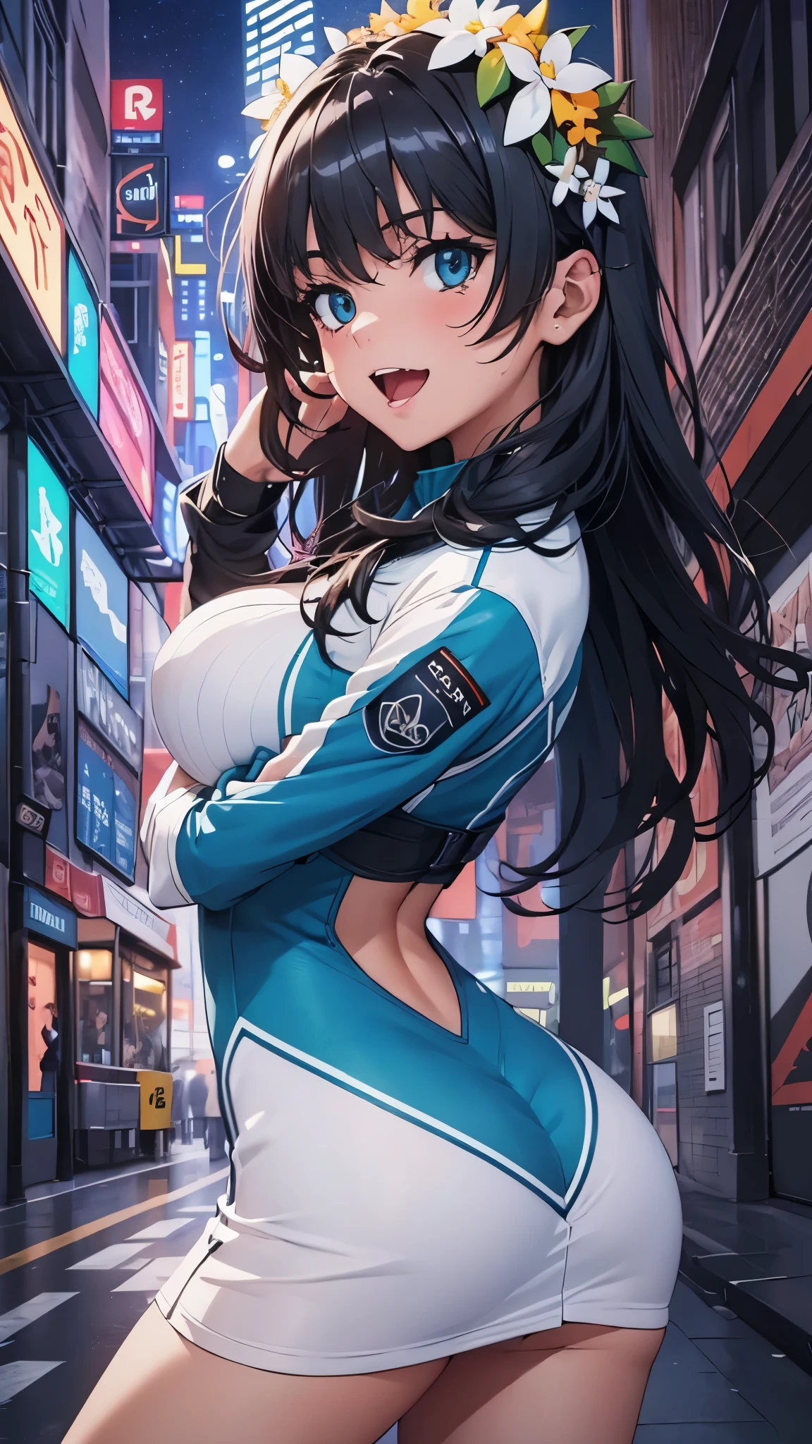 woman,,,city,night,(((white and blue tight miniskirt bodysuit))),,open mouth smile(())(),(()),((Nariko Saten)),blush、surprised face,((())),((turn around and look back))wet with sweat