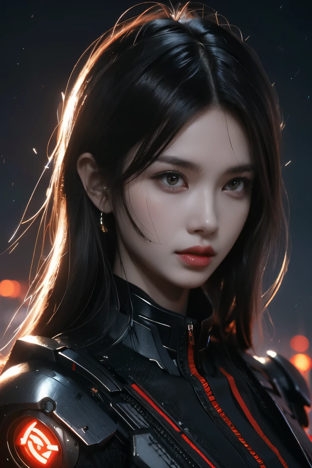 Game art，The best picture quality，Highest resolution，8K，(A bust photograph)，(Portrait)，(Head close-up:1.5)，(Rule of thirds)，Unreal Engine 5 rendering works， (The Girl of the Future)，(Female Warrior)， 22岁少女，(Female hackers)，(White and red gradient，Ancient Oriental hairstyle)，((The pupils of the red eyes:1.3))，(A beautiful eye full of detail)，(Big breasts)，(Eye shadow)，优雅迷人，冷漠，((Anger))，(Cyberpunk jacket full of futuristic look，Joint Armor，There are exquisite Chinese patterns on the clothes，A flash of jewellery)，赛博朋克人物，未来风格， 拍照姿势，城市背景，Movie lights，Ray tracing，Game CG，((3D Unreal Engine))，oc渲染反射纹