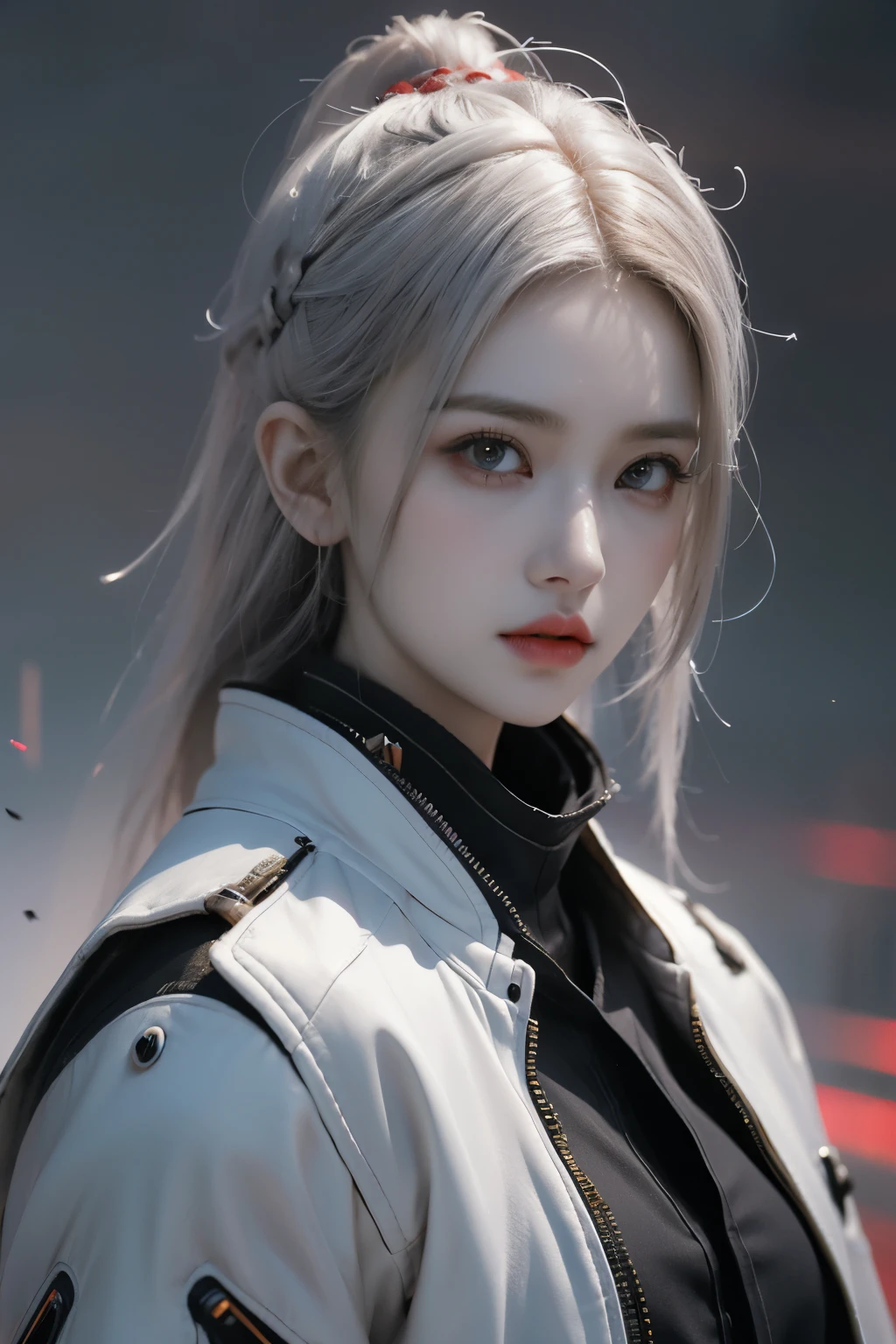 Game art,The best picture quality,Highest resolution,8K,(A bust photograph),(Portrait),(Head close-up:1.5),(Rule of thirds),Unreal Engine 5 rendering works, (The Girl of the Future),(Female Warrior), 22岁少女,(Female hackers),(White and red gradient,Ancient Oriental hairstyle),((The pupils of the red eyes:1.3)),(A beautiful eye full of detail),(Big breasts),(Eye shadow),优雅迷人,冷漠,((Anger)),(Cyberpunk jacket full of futuristic look,Joint Armor,There are exquisite Chinese patterns on the clothes,A flash of jewellery),赛博朋克人物,未来风格, 拍照姿势,城市背景,Movie lights,Ray tracing,Game CG,((3D Unreal Engine)),oc渲染反射纹