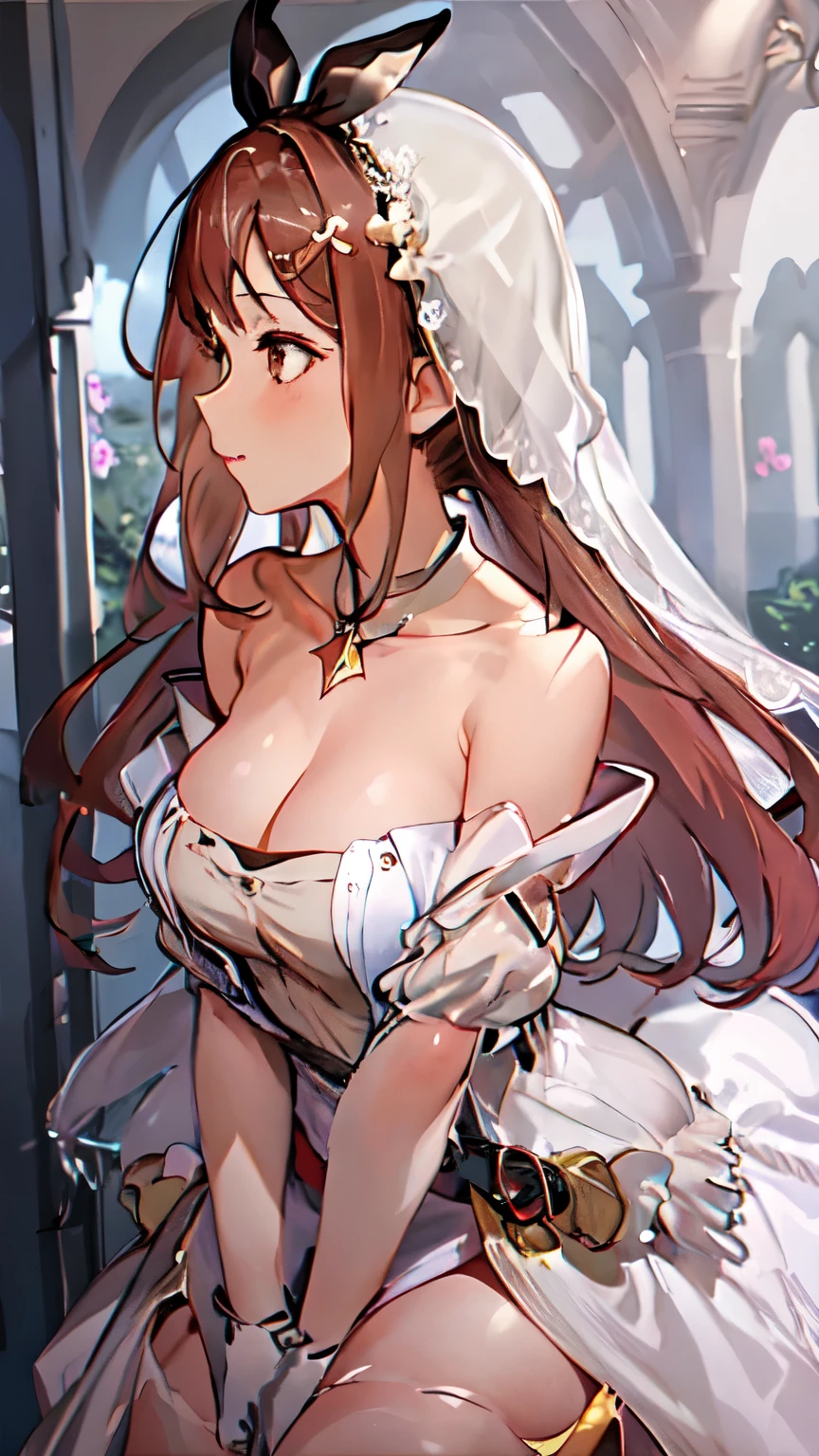 Masterpiece, Best quality, highres, detailed background, 1girl, Ryza, wedding dress, bare shoulders, large breasts, plains, purple flowers, brillante, sexy, wide body, Shiny skin, warn skin, warn