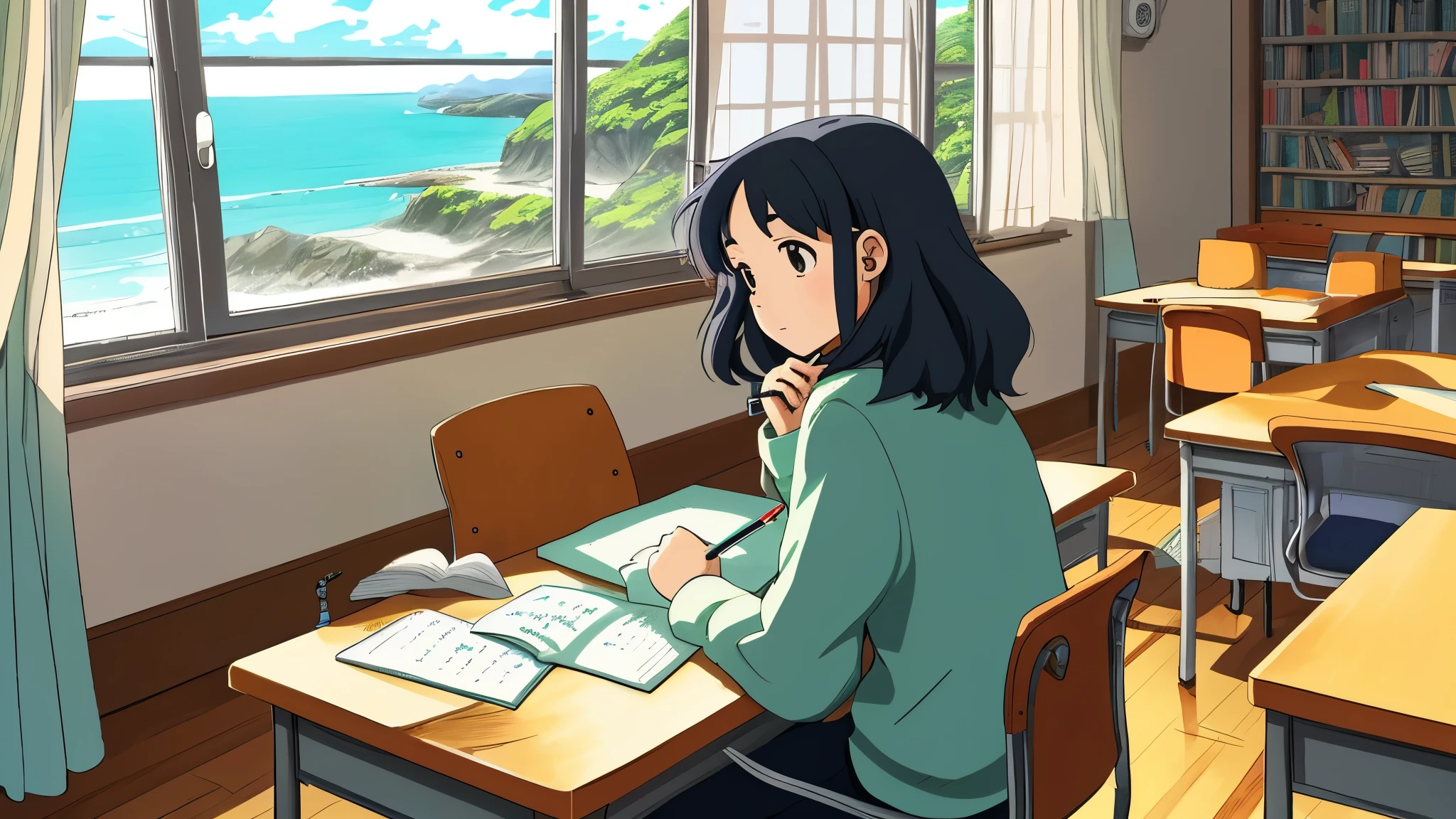 Ghibli style illustration　A girl studying at a study desk while wearing earphones and holding a pen.　I can see the ocean from the open window in front of my desk..　The wind blows and the curtains sway
