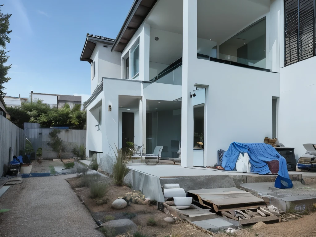color photo of a modern and minimalist grey-colored Midcentury home. The house exudes an elegant and sophisticated vibe with its sleek lines, clean design, and neutral color palette. The exterior of the home is painted in a beautiful shade of grey, which perfectly complements the surrounding landscape. Large windows allow an abundance of natural light to flood the interior, creating a bright and airy atmosphere. The architectural details, such as the flat roof, angular shapes, and minimalistic landscaping, add to the overall contemporary aesthetic of the house. This grey Midcentury home stands as a timeless masterpiece, blending seamlessly with its surroundings.