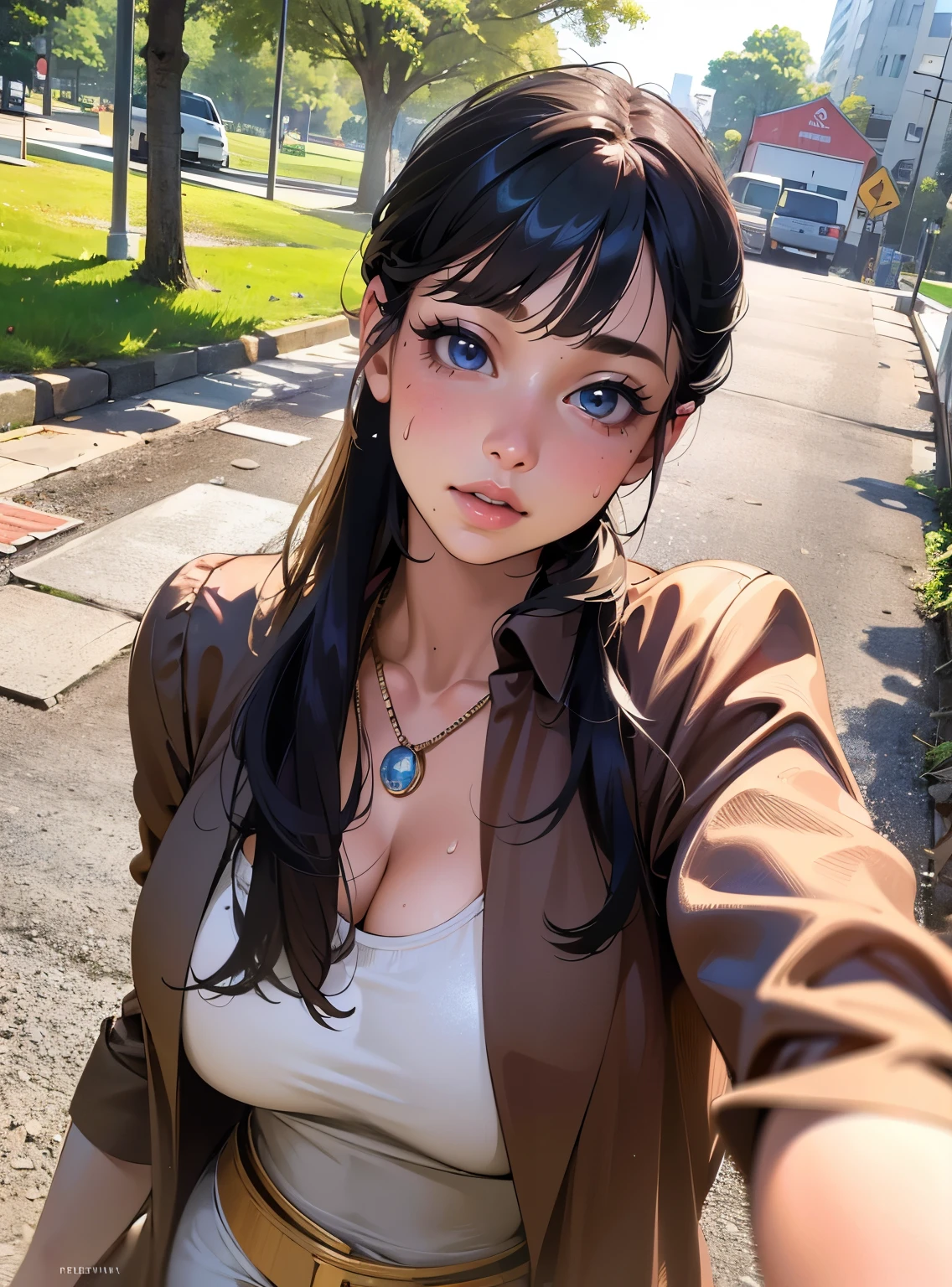 (best quality,4K,8k,high resolution,grand master:1.2),super detailed,(actual,realistically,realistically:1.37), Ultra high definition face, There is a woman taking a selfie in the park, Flat bangs, necklace, large breasts, large , biggest breast, huge breast, hourglass figure, Thin waist and thick hips, fitness model, rosy cheeks, sweat