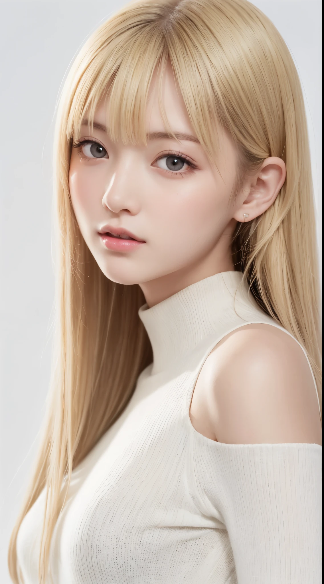 ((((blonde、Ivory-colored hairの毛、white background))))、Smile、Raw photography、(((Ultimate Beauty Portrait)))、((glistning skin))、girl1人、beautiful girl in Prague、close-up of upper body、baby face、1girl in, age19, Solo, Long hair、white background、beautiful girl、west、half face、well-groomed face、beautiful girl、anime face、girl,high neck、off shoulder、Tight Skirt,long ivory hair,Ivory-colored hair、Ivory-colored hairの毛,glossy pink lips,white skin,,blue sky,sunlight shining down on her,,There's a faint smile on her face,detailed and vivid,high resolution images,photorealistic rendering,Bright colors,soft and warm lighting, simple background、white background